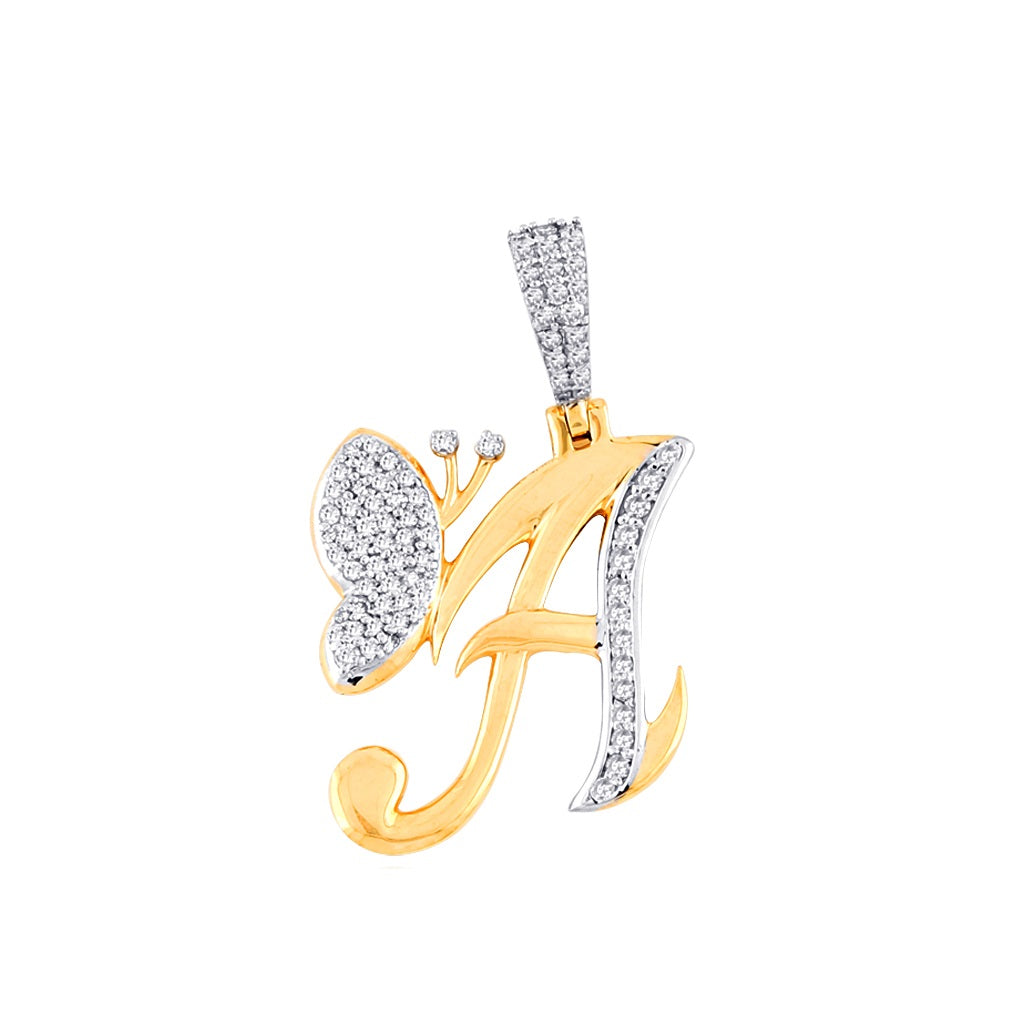 Yellow Gold Round Diamond Butterfly Initial Pendant