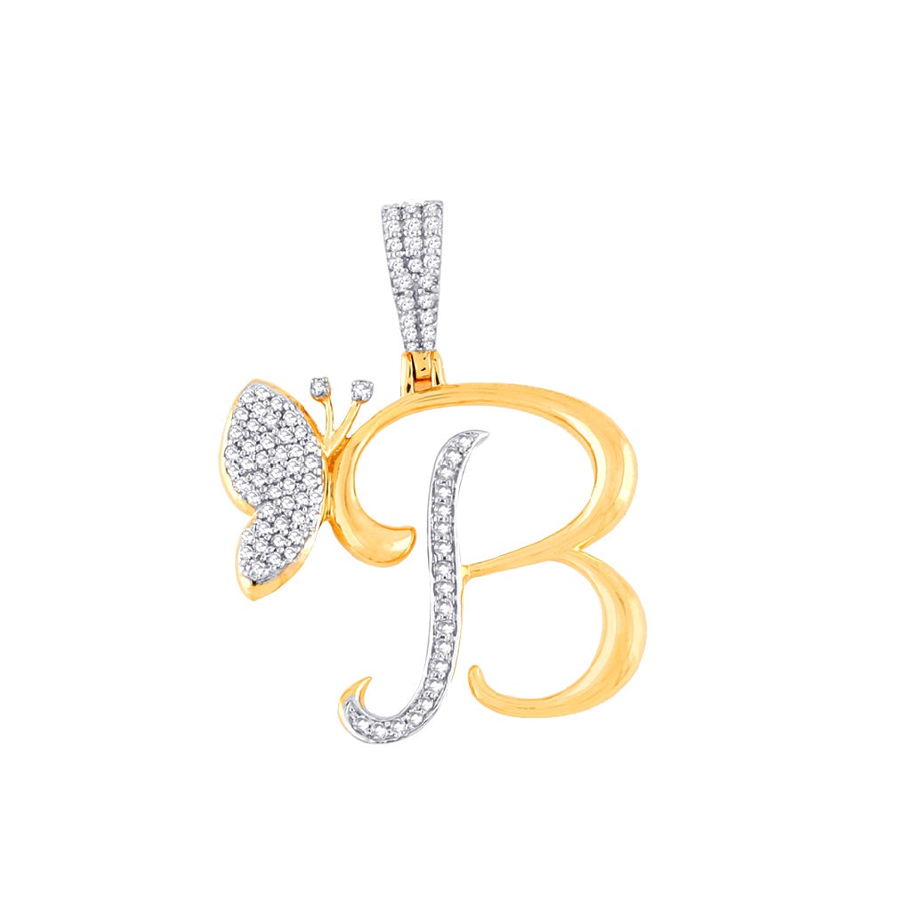 Yellow Gold Round Diamond Butterfly Initial Pendant