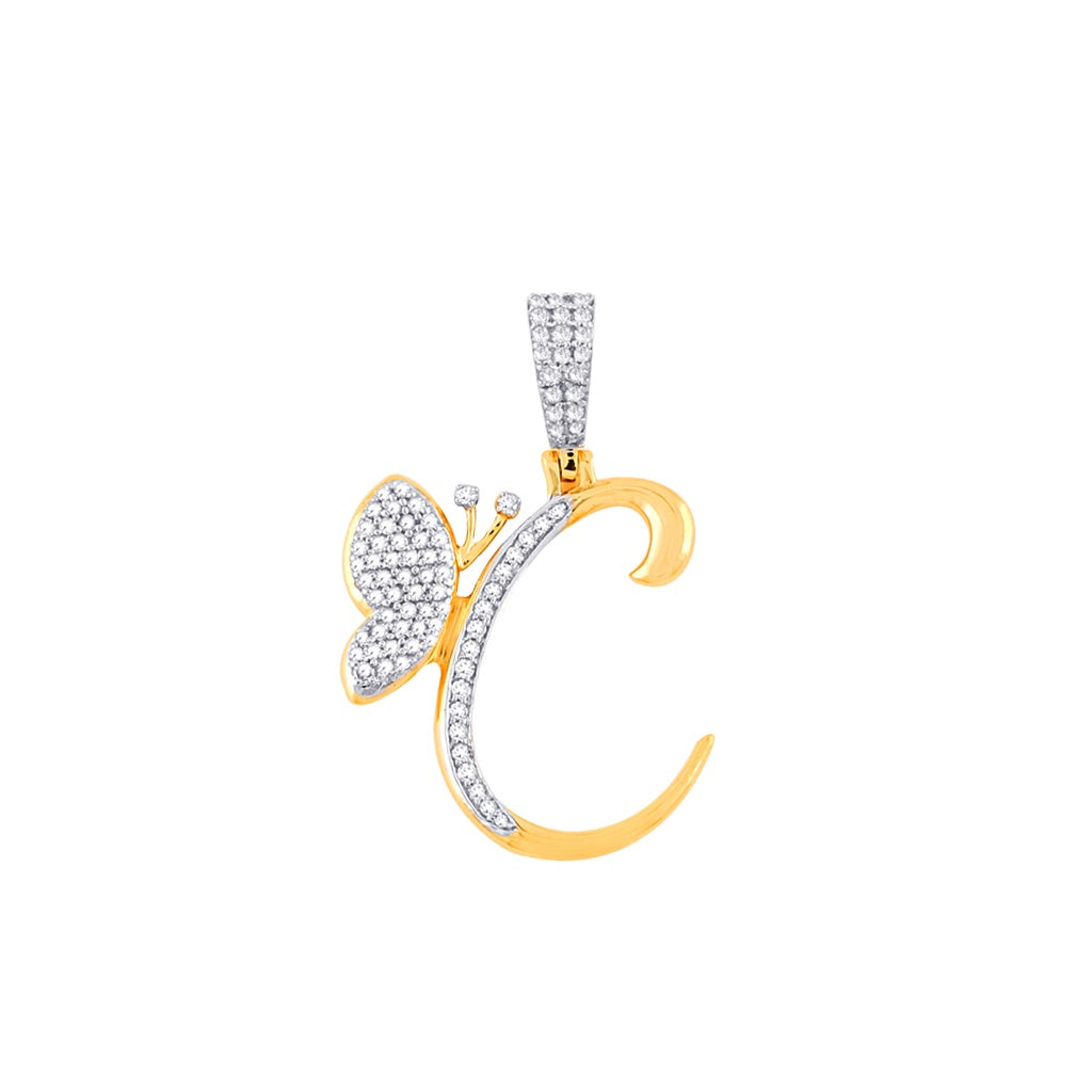 Yellow Gold Round Diamond Butterfly Initial Pendant