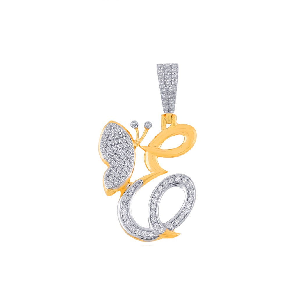 Yellow Gold Round Diamond Butterfly Initial Pendant