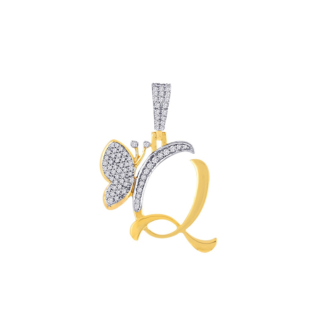 Yellow Gold Round Diamond Butterfly Initial Pendant
