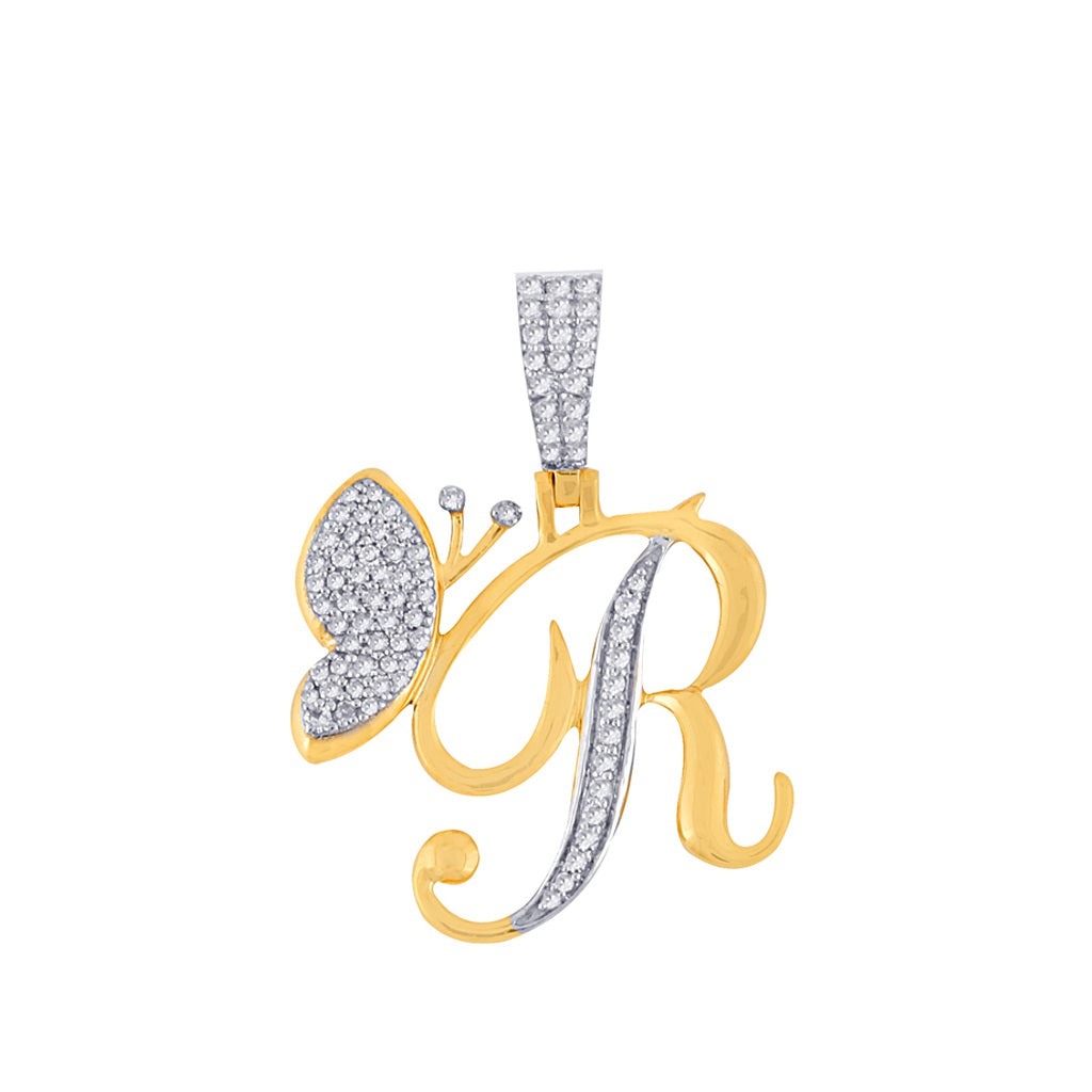 Yellow Gold Round Diamond Butterfly Initial Pendant