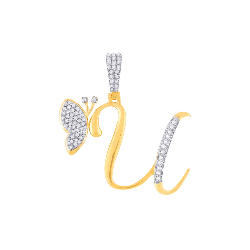 Yellow Gold Round Diamond Butterfly Initial Pendant