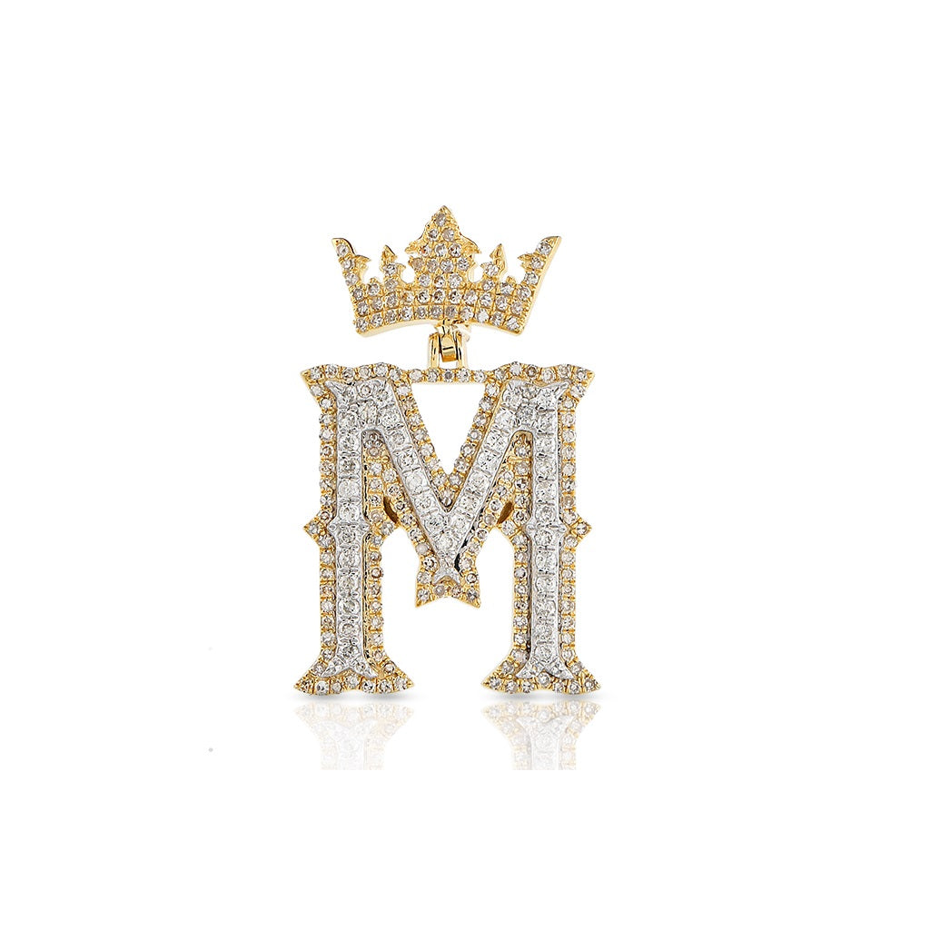 Yellow Gold Round Diamond Crown Initial Pendants