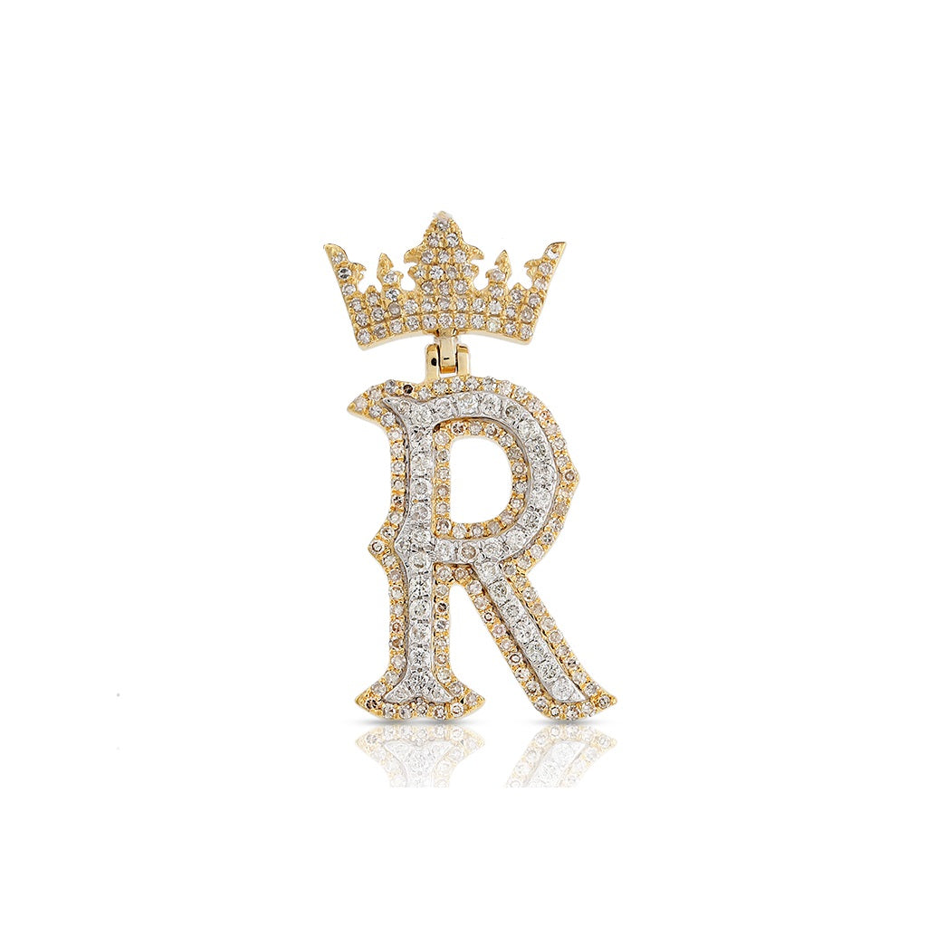 Yellow Gold Round Diamond Crown Initial Pendants