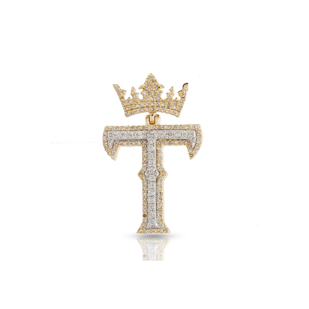 Yellow Gold Round Diamond Crown Initial Pendants