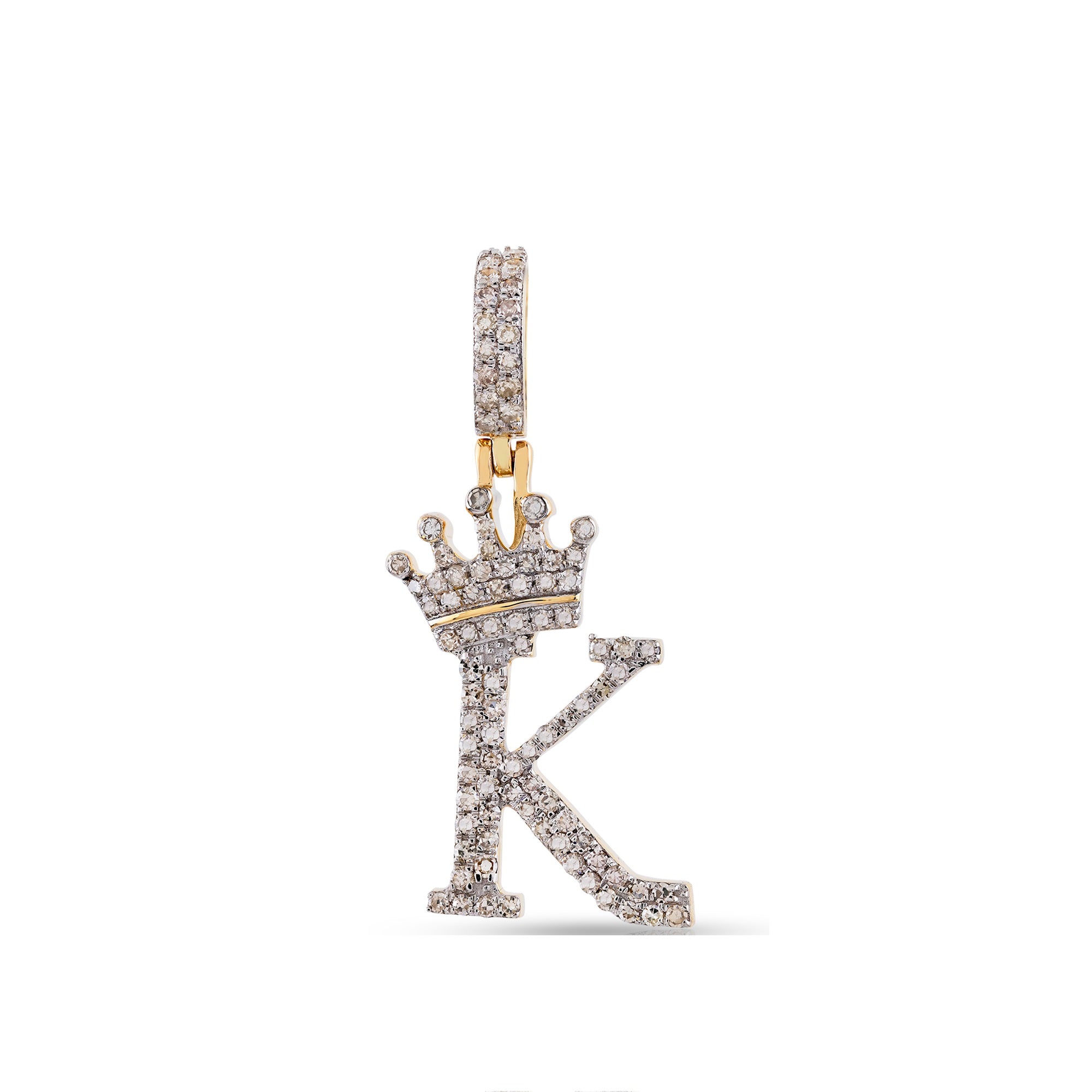 Yellow Gold Round Diamond Cluster Crown Initial Letter Pendant