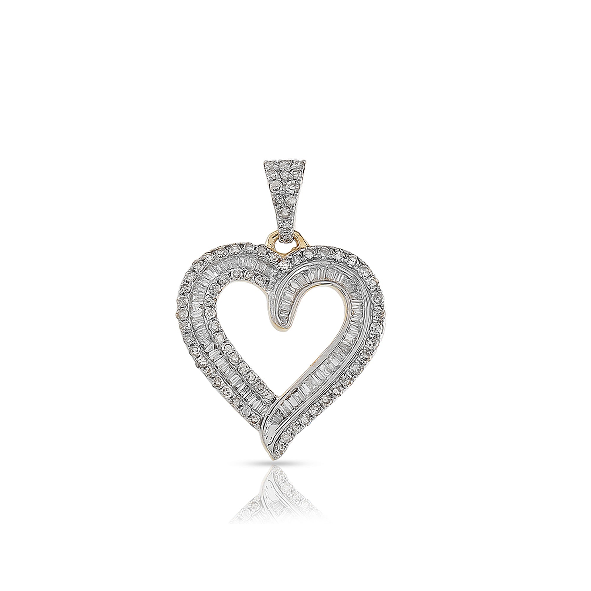 Yellow Gold Round and Baguette Diamond Heart Pendant