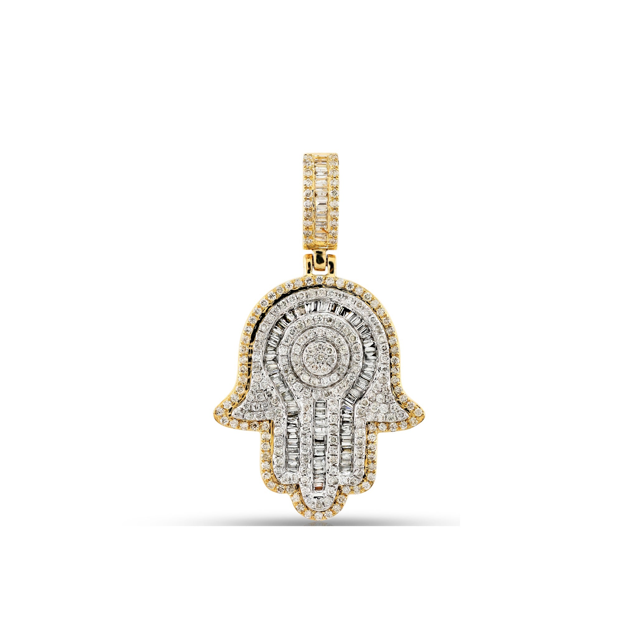 Yellow Gold Baguette and Round Diamond Hamsa Pendant