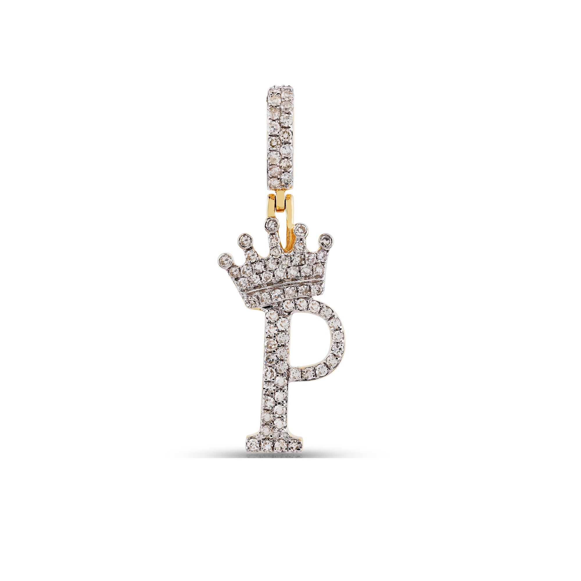 Yellow Gold Round Diamond Cluster Crown Initial Letter Pendant