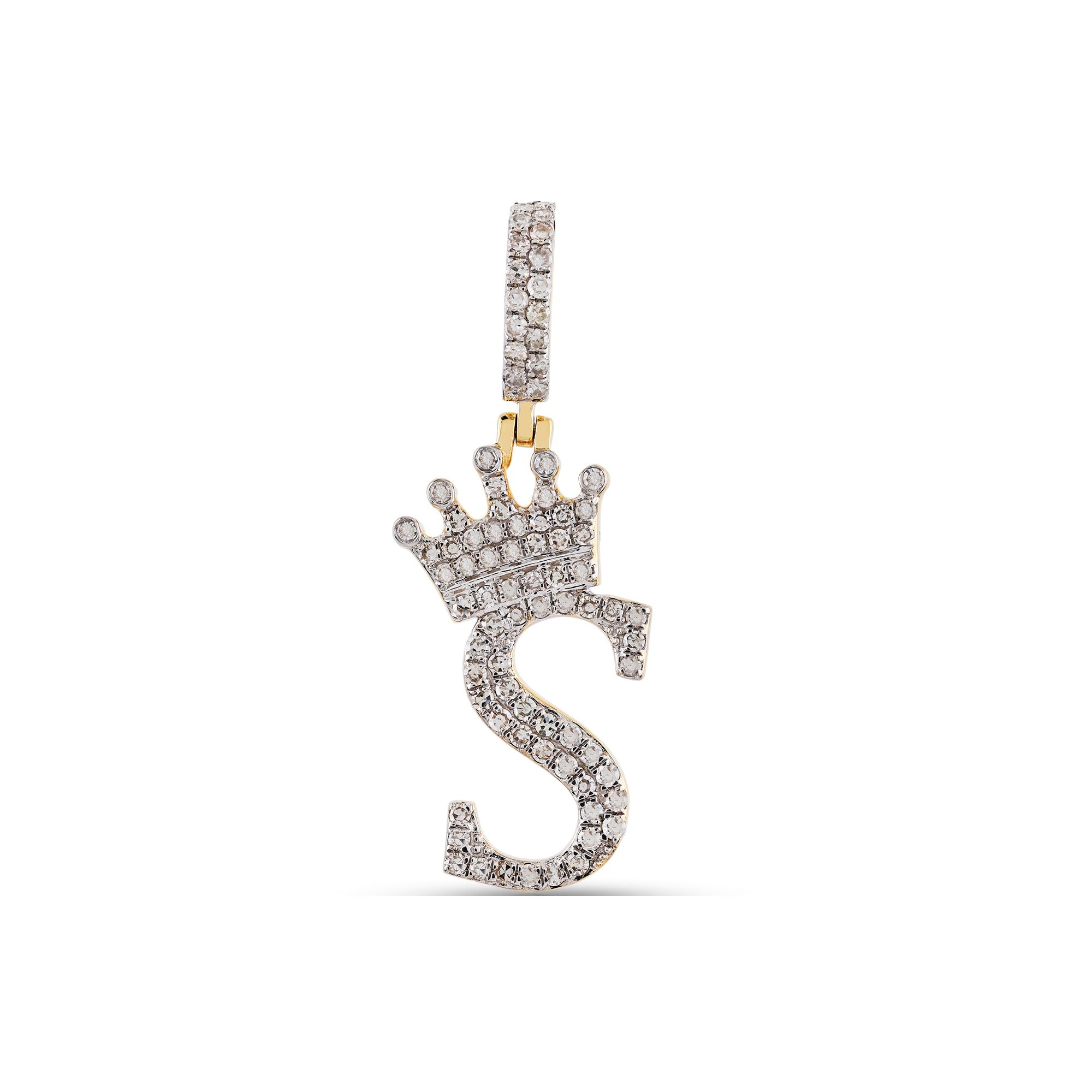 Yellow Gold Round Diamond Cluster Crown Initial Letter Pendant