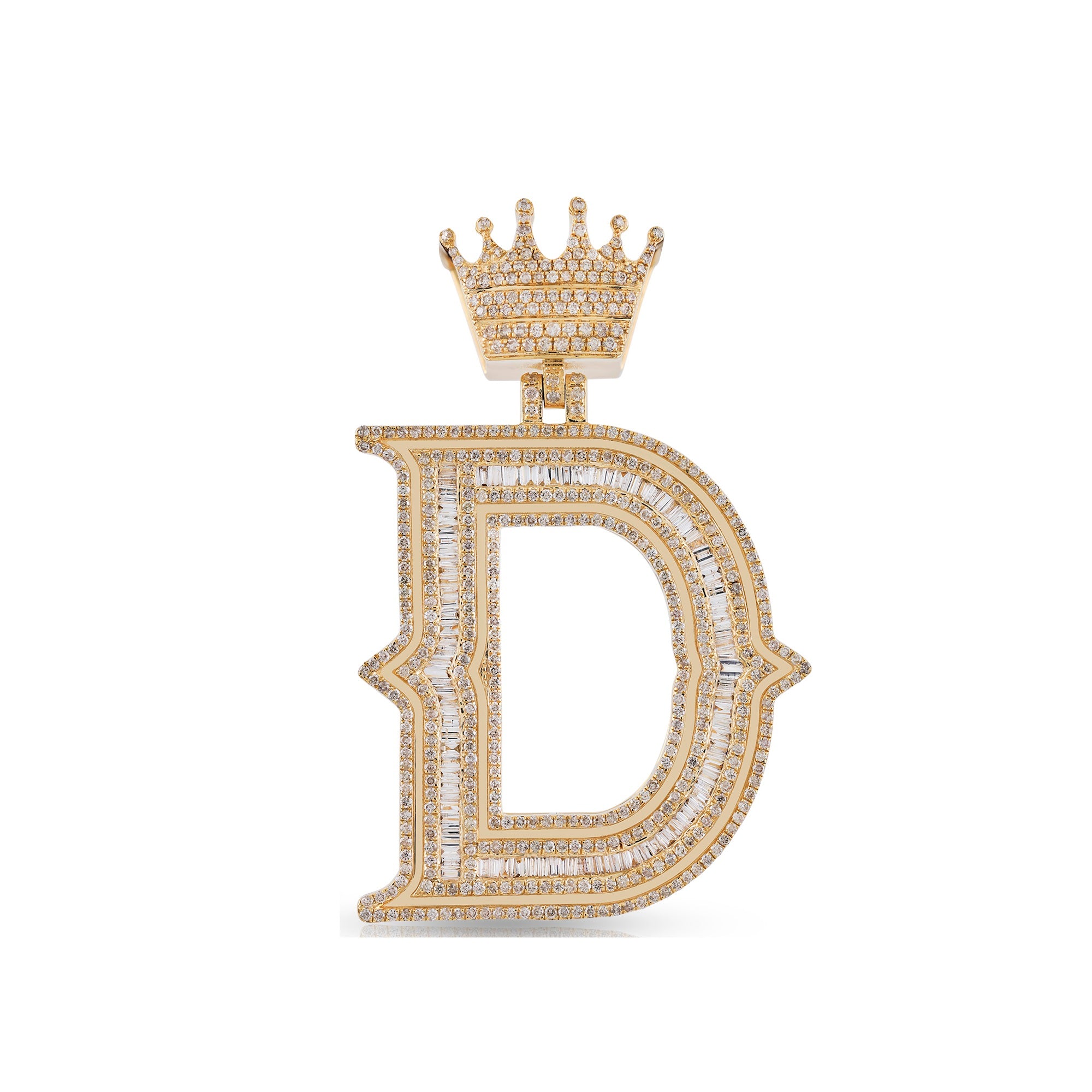 Yellow Gold Baguette and Round Diamond Crown Initial Pendant