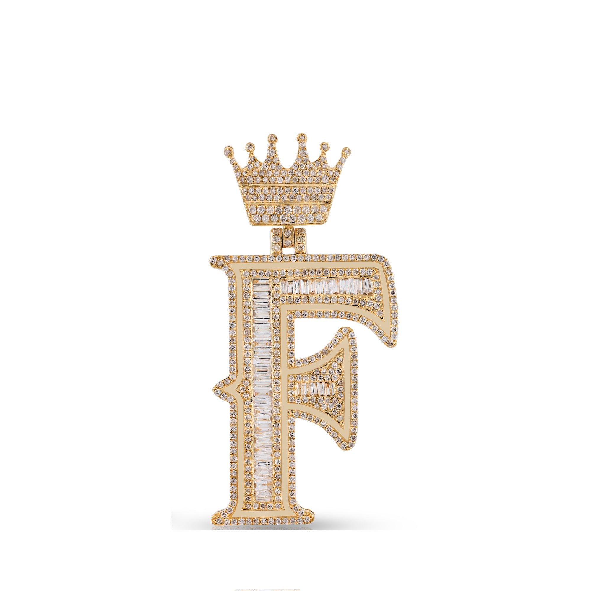 Yellow Gold Baguette and Round Diamond Crown Initial Pendant