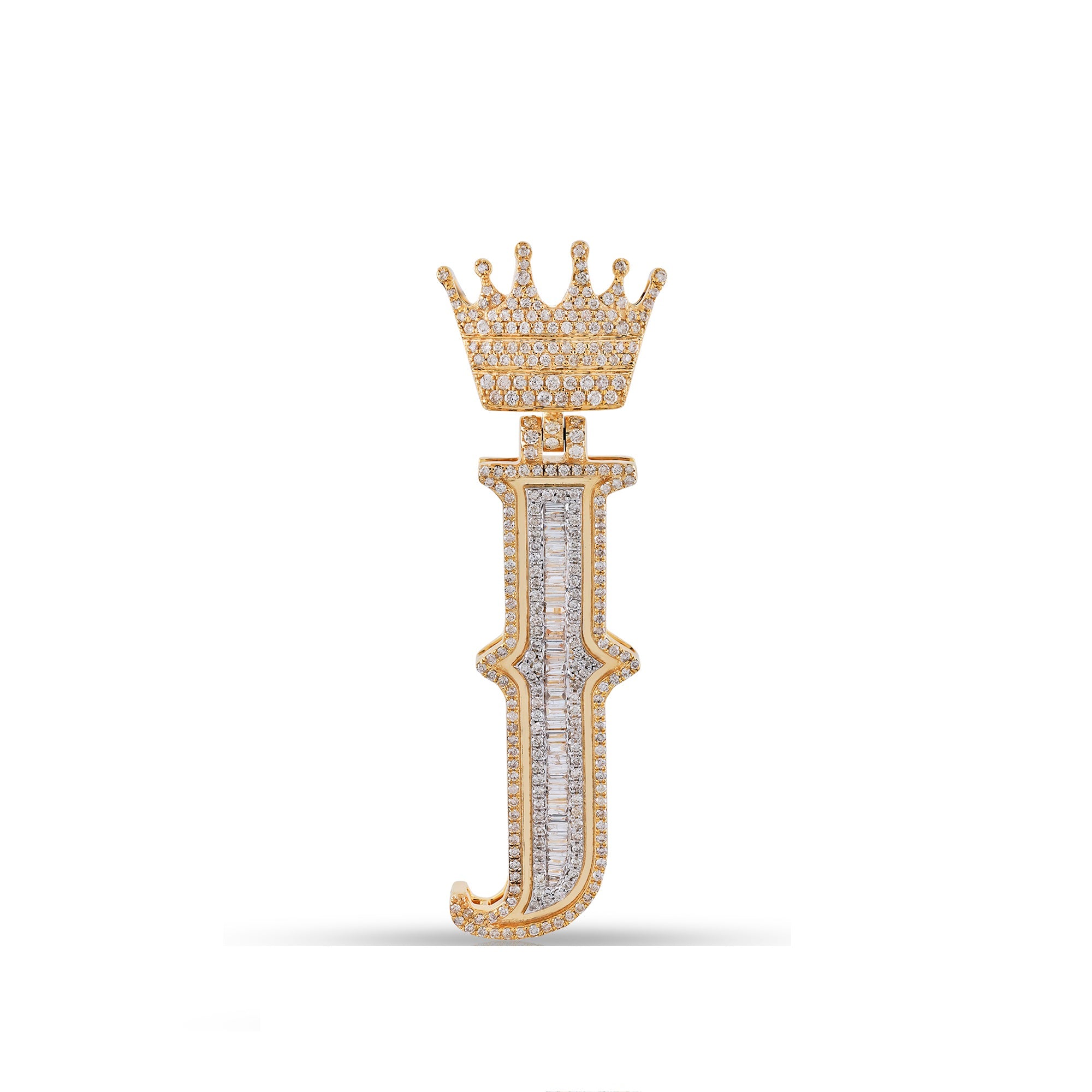 Yellow Gold Baguette and Round Diamond Crown Initial Pendant