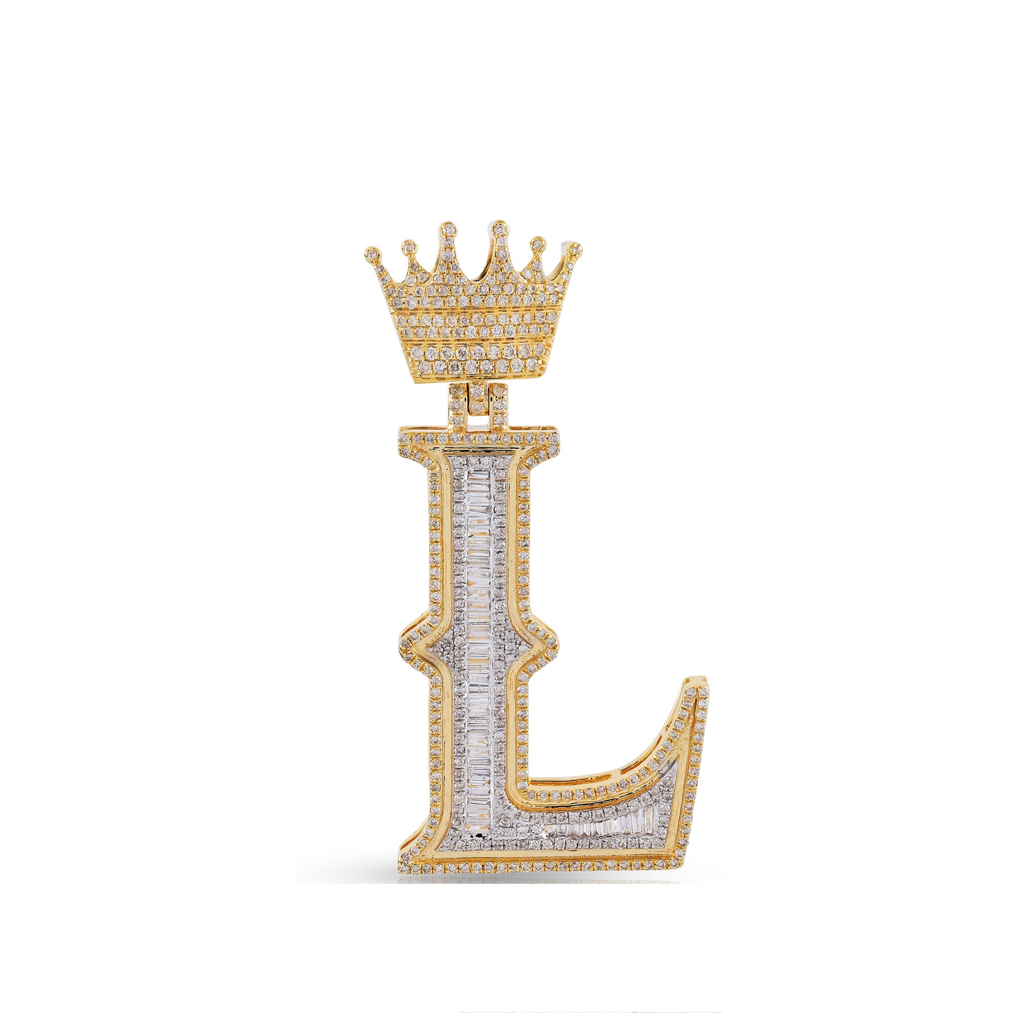 Yellow Gold Baguette and Round Diamond Crown Initial Pendant