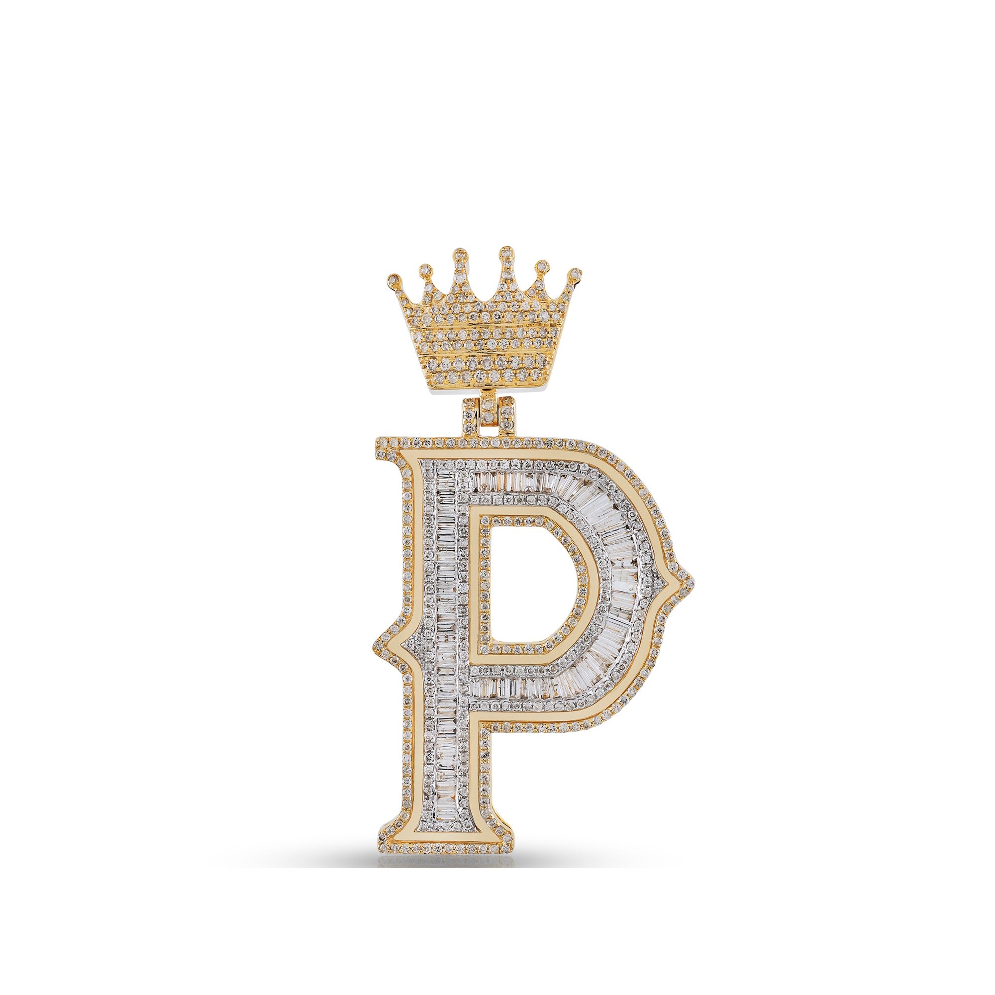 Yellow Gold Baguette and Round Diamond Crown Initial Pendant