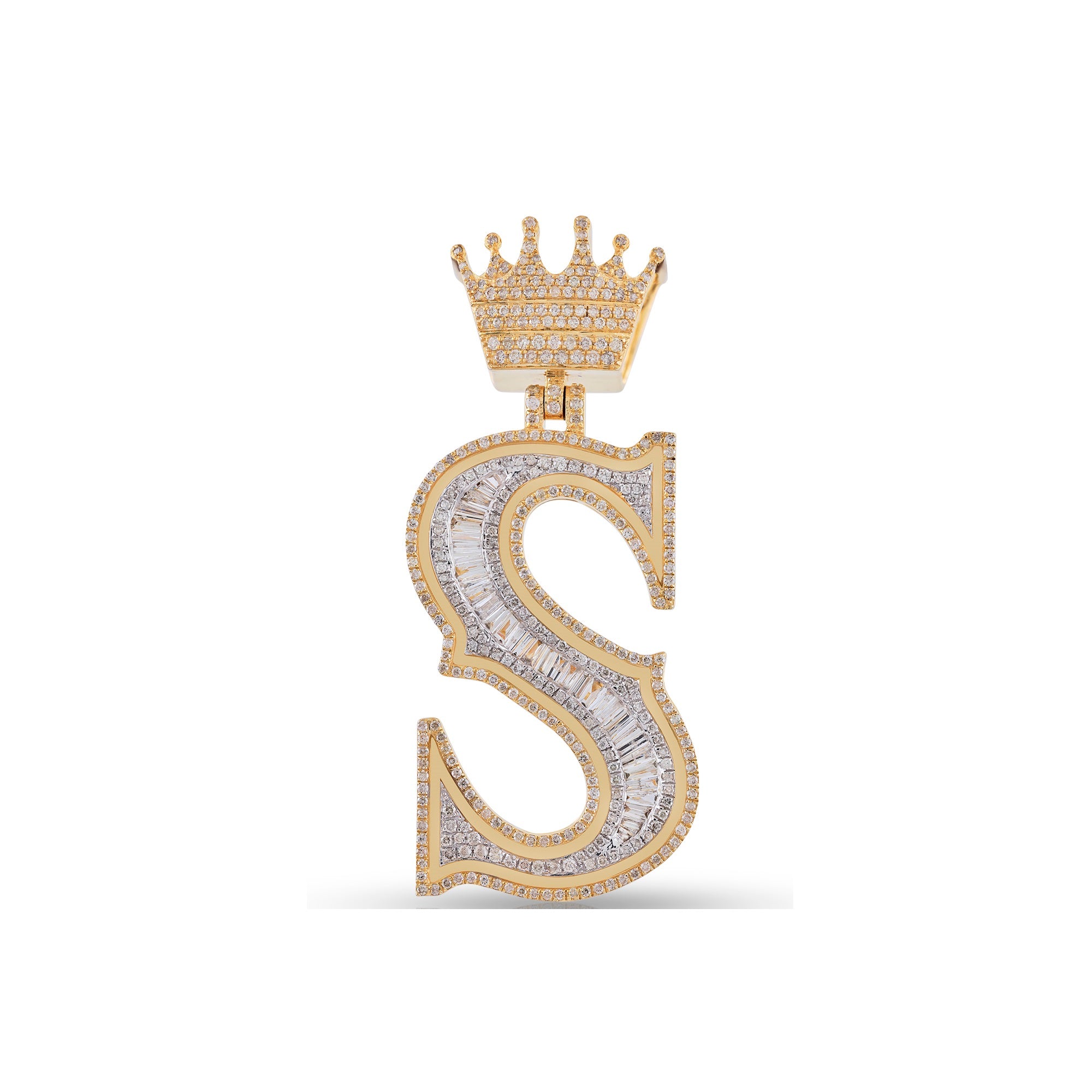 Yellow Gold Baguette and Round Diamond Crown Initial Pendant