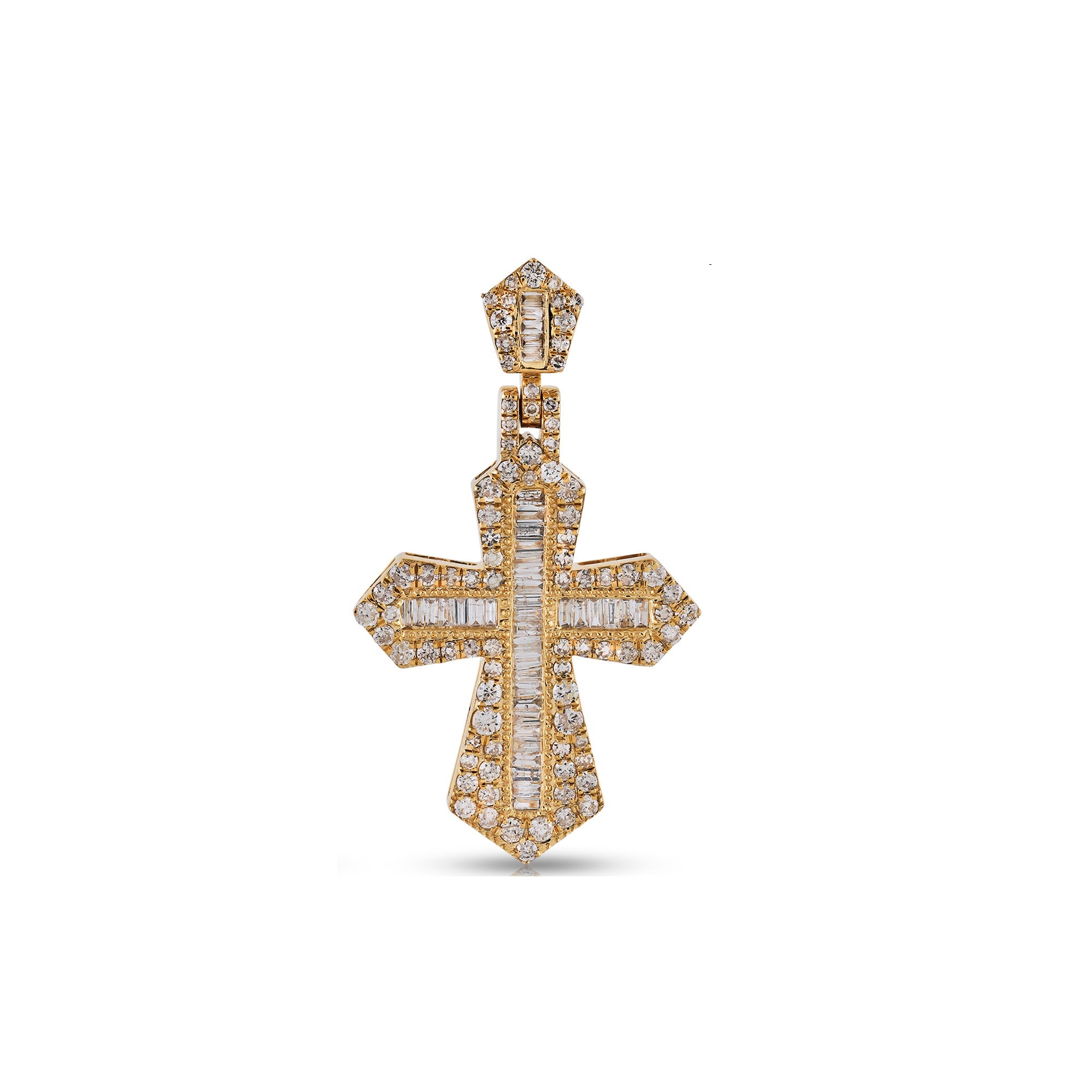 Yellow Gold Round and Baguette Diamond Cross Pendant
