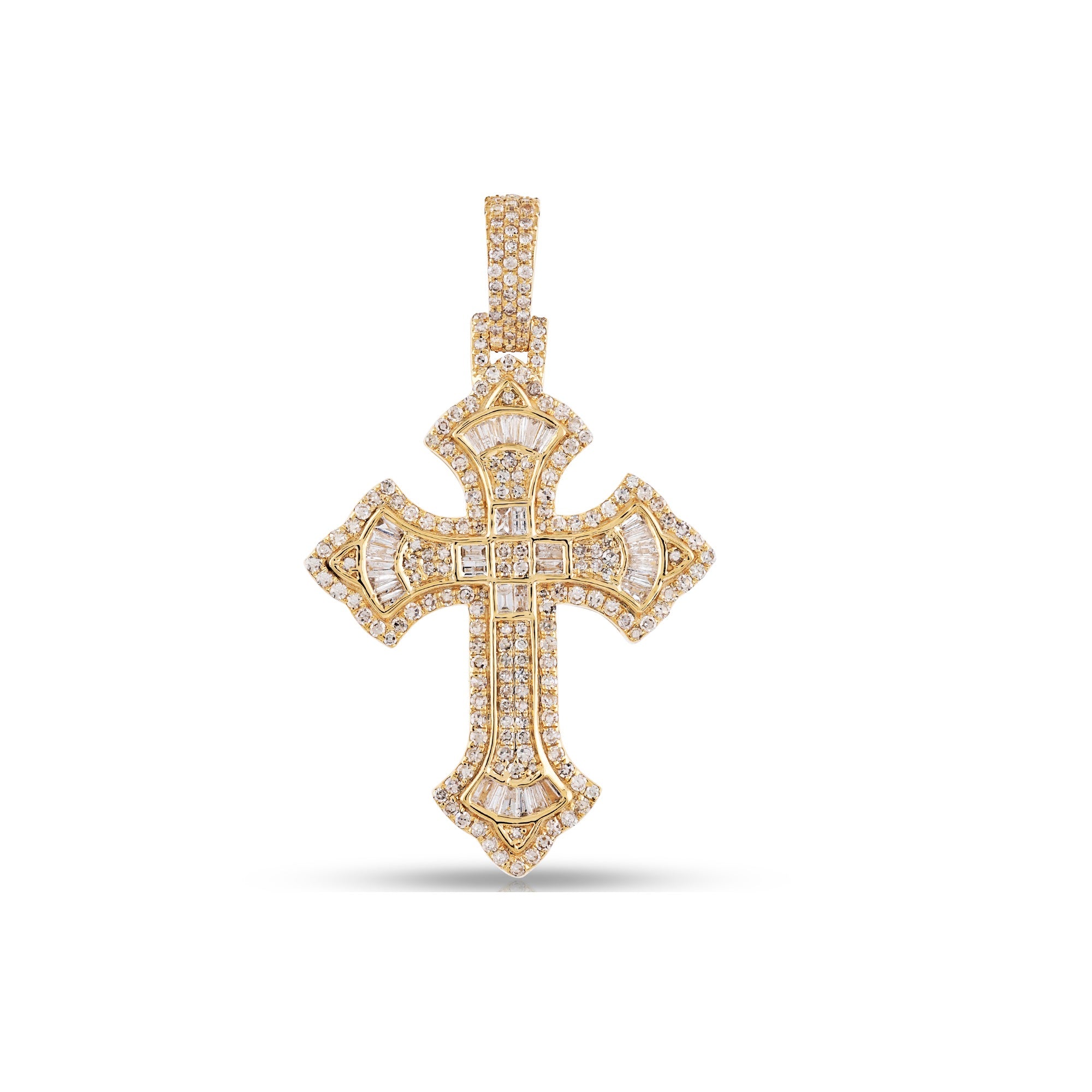 Yellow Gold Baguette And Round Diamond Cross Pendant