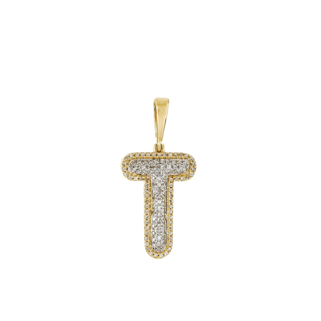Yellow Gold Round Diamond Cluster Initial Letter Pendant