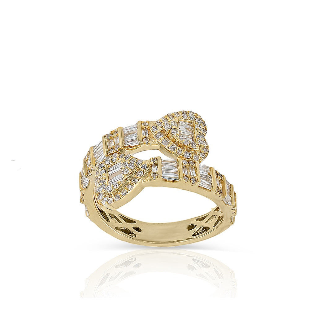 Yellow Gold Round and Baguette Diamond Heart Cuff Ring
