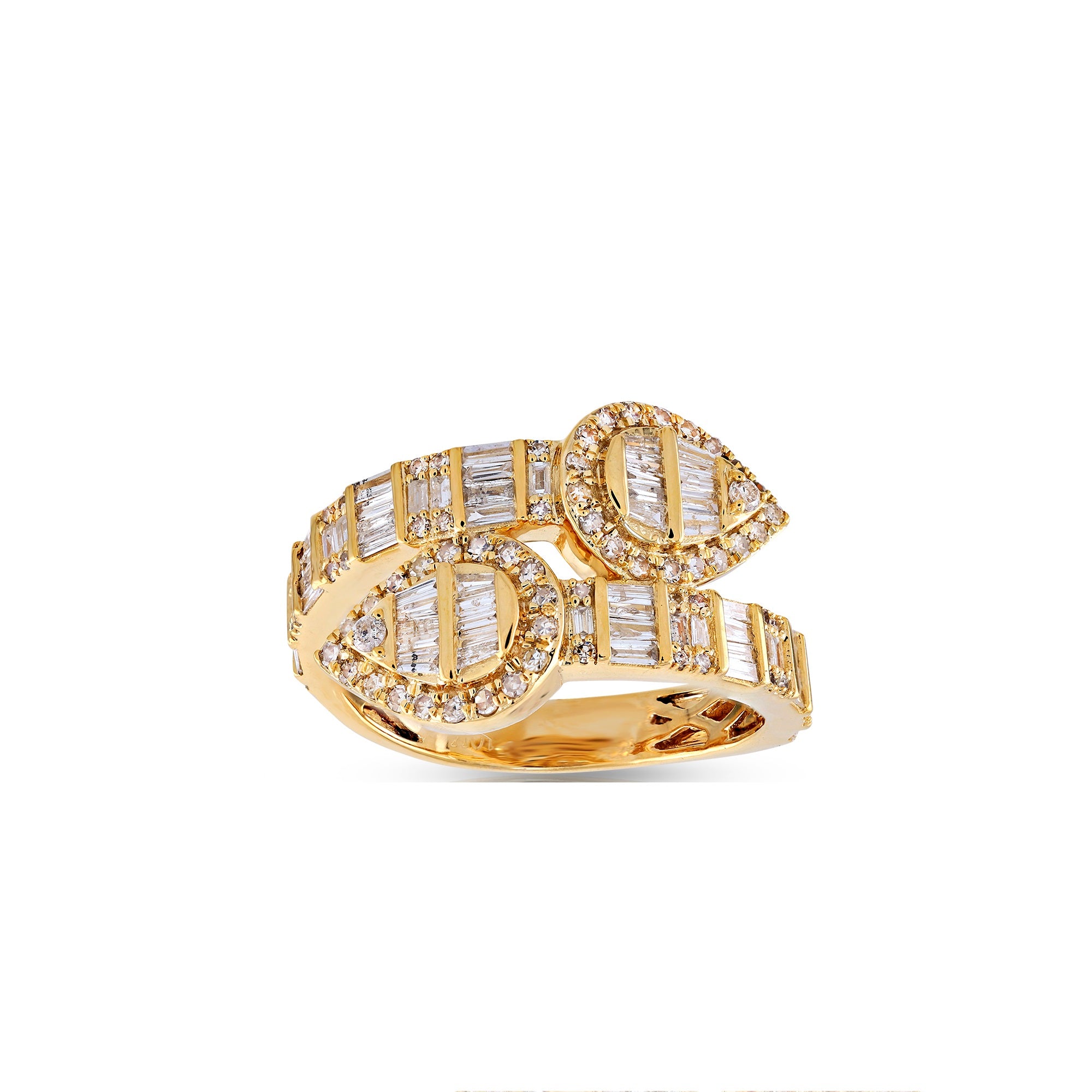 Yellow Gold Round and Baguette Diamond Cuff Ring