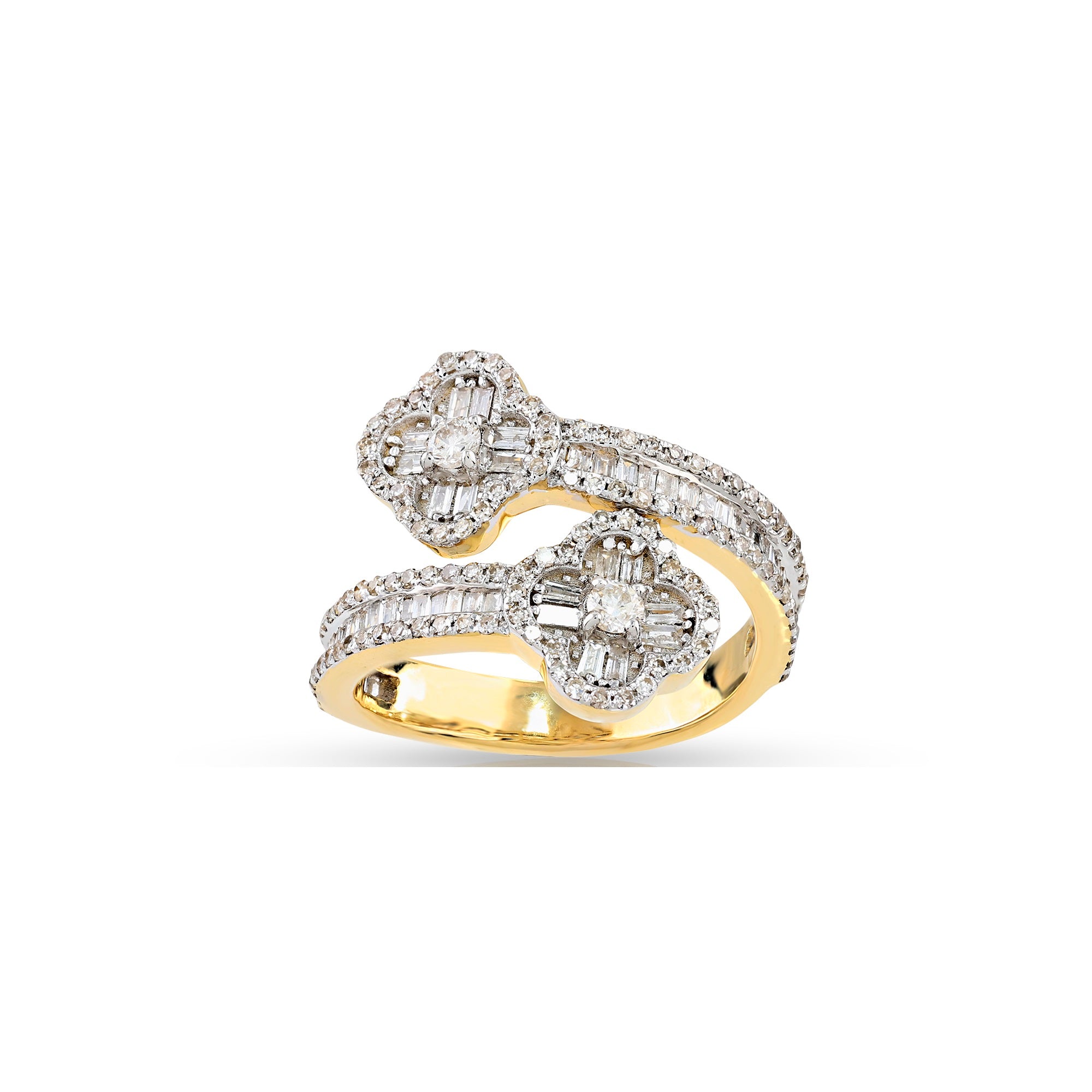 Yellow Gold Round and Baguette Diamond Cuff Ring