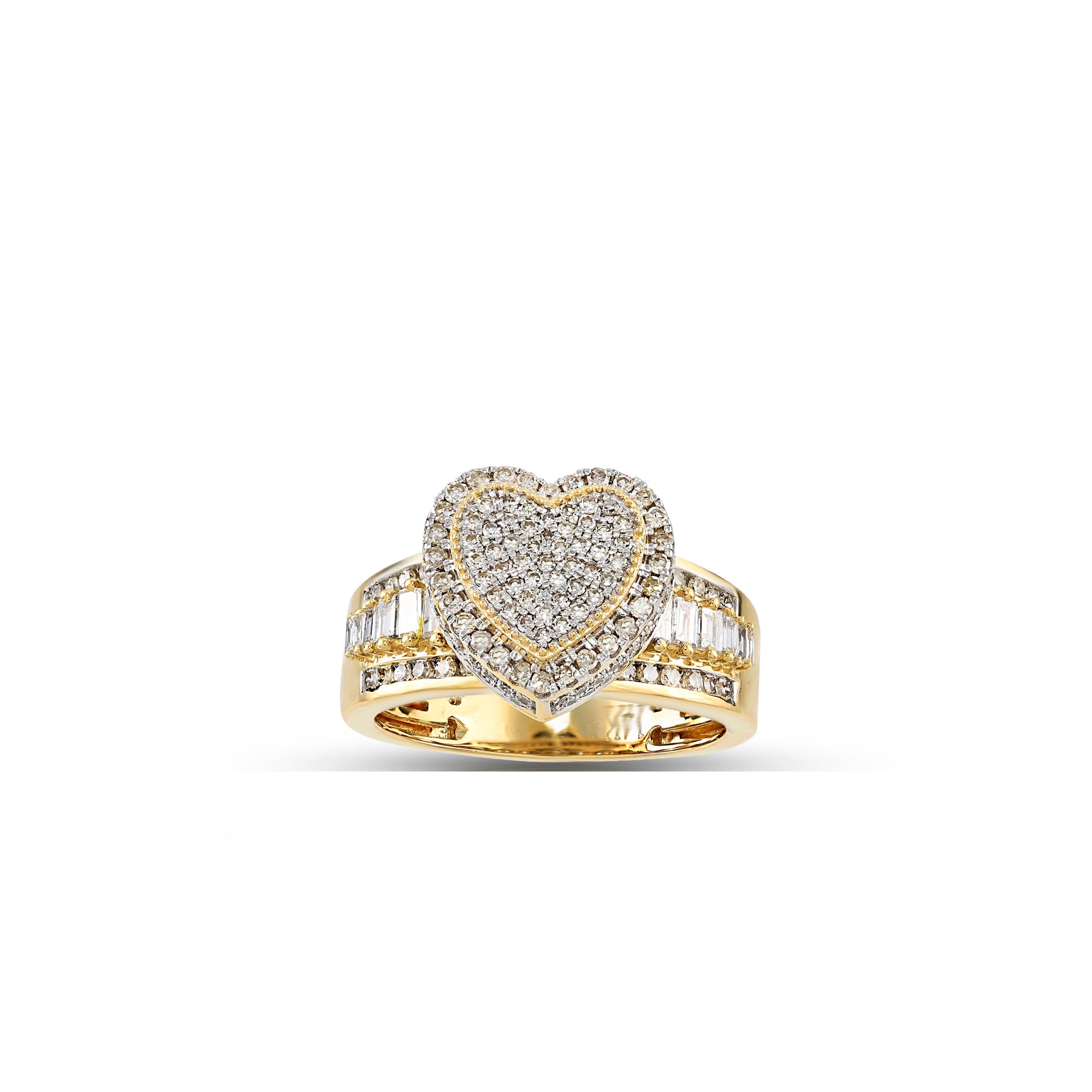 Yellow Gold Baguette and Round Diamond Cluster Heart Ring
