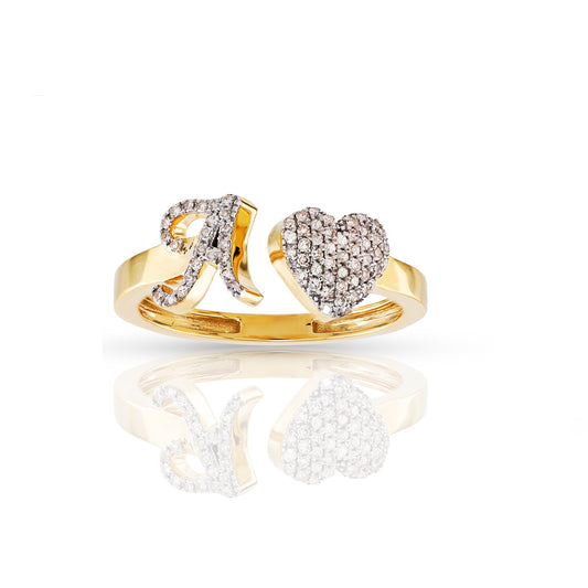 10K Yellow Gold Round Diamond Heart Initial Letter Ring