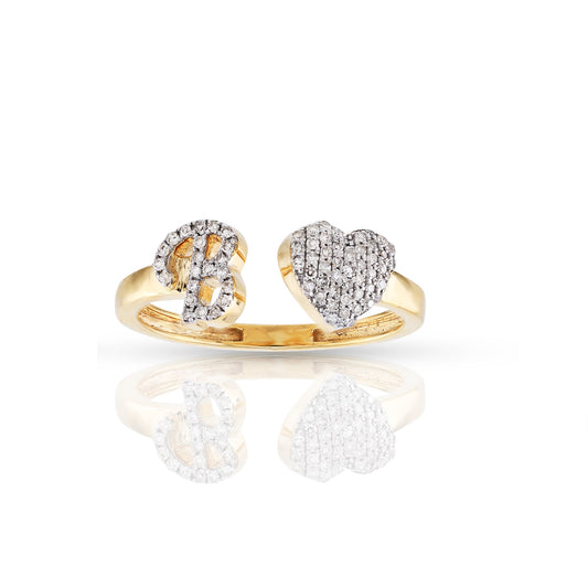 10K Yellow Gold Round Diamond Heart Initial Letter Ring