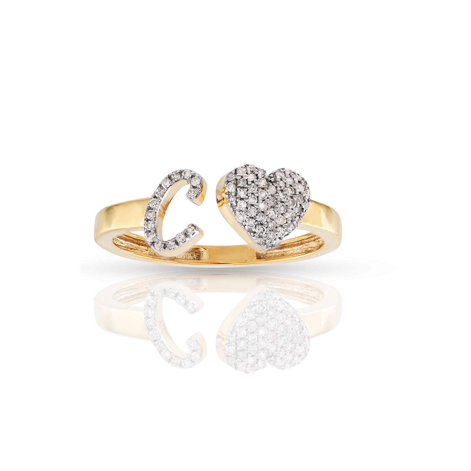 10K Yellow Gold Round Diamond Heart Initial Letter Ring