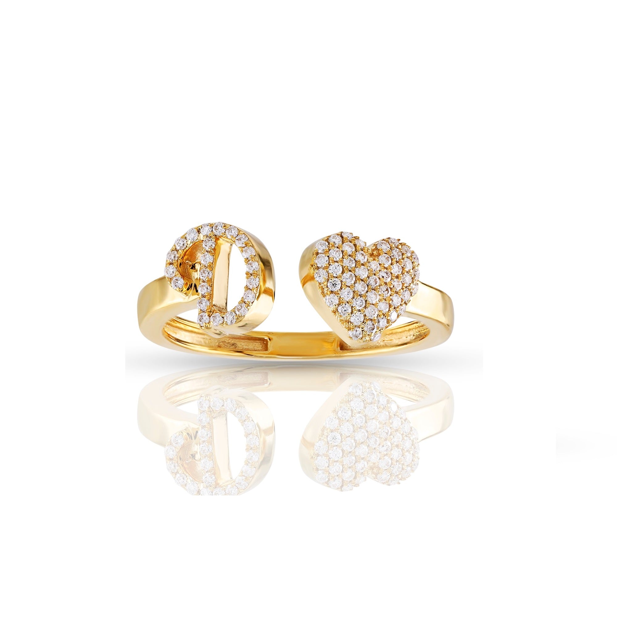 10K Yellow Gold Round Diamond Heart Initial Letter Ring