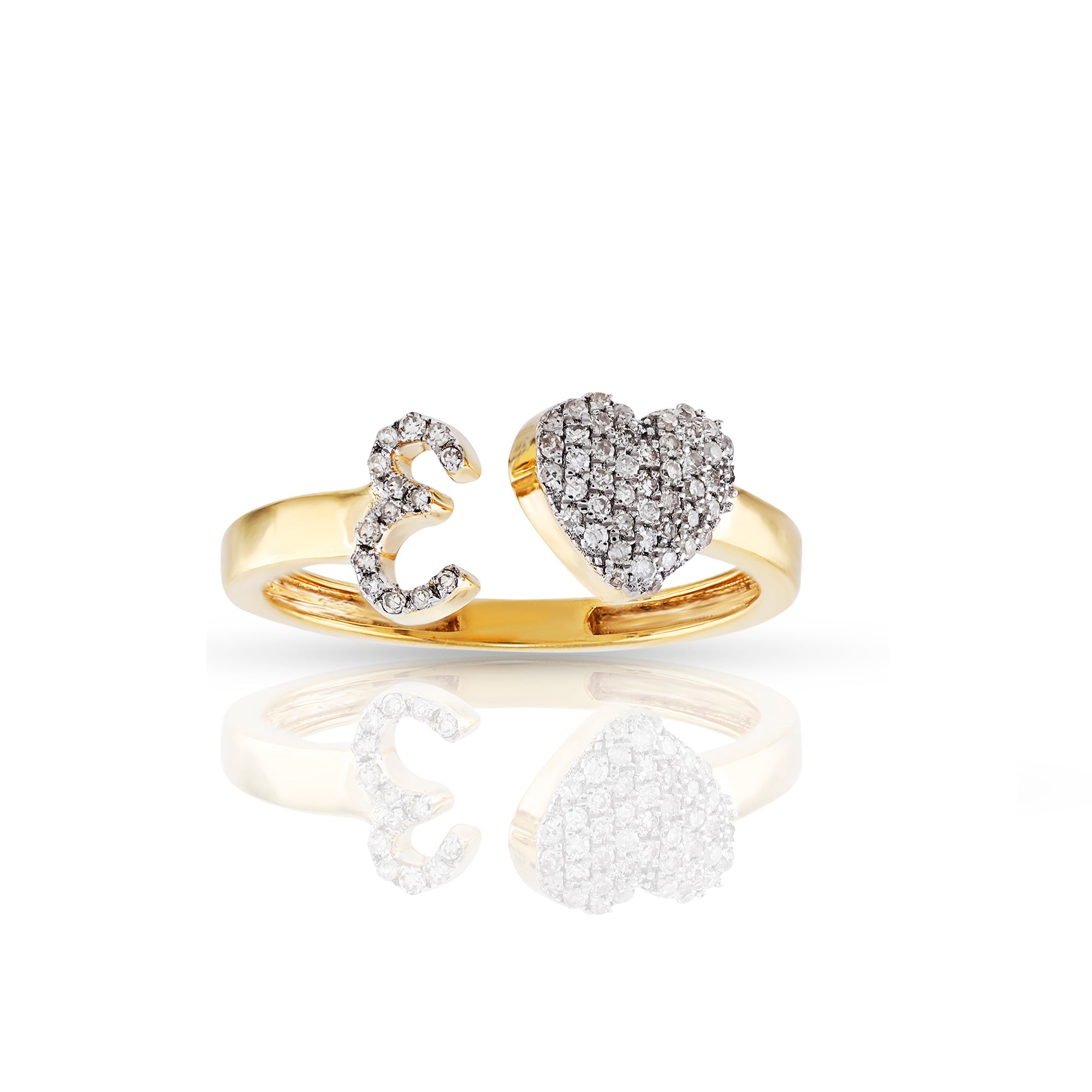 10K Yellow Gold Round Diamond Heart Initial Letter Ring