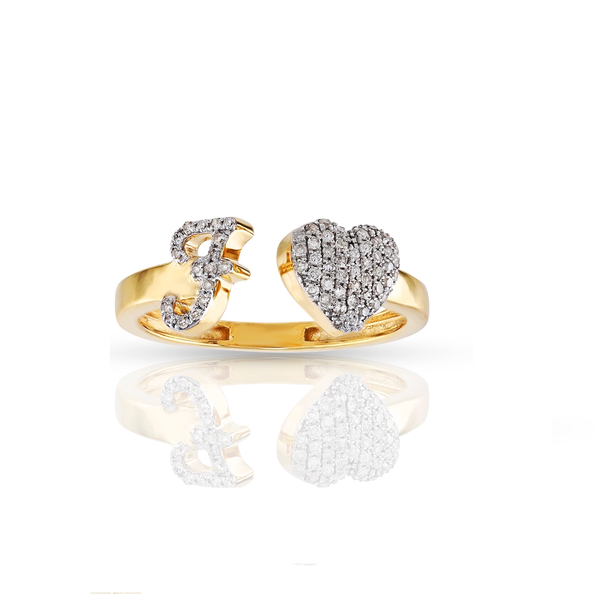 10K Yellow Gold Round Diamond Heart Initial Letter Ring