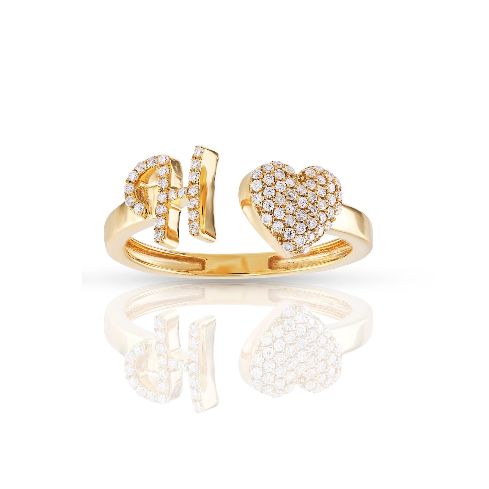 14K Yellow Gold Heart 'A-Z' Initial Letter Rings 7mm