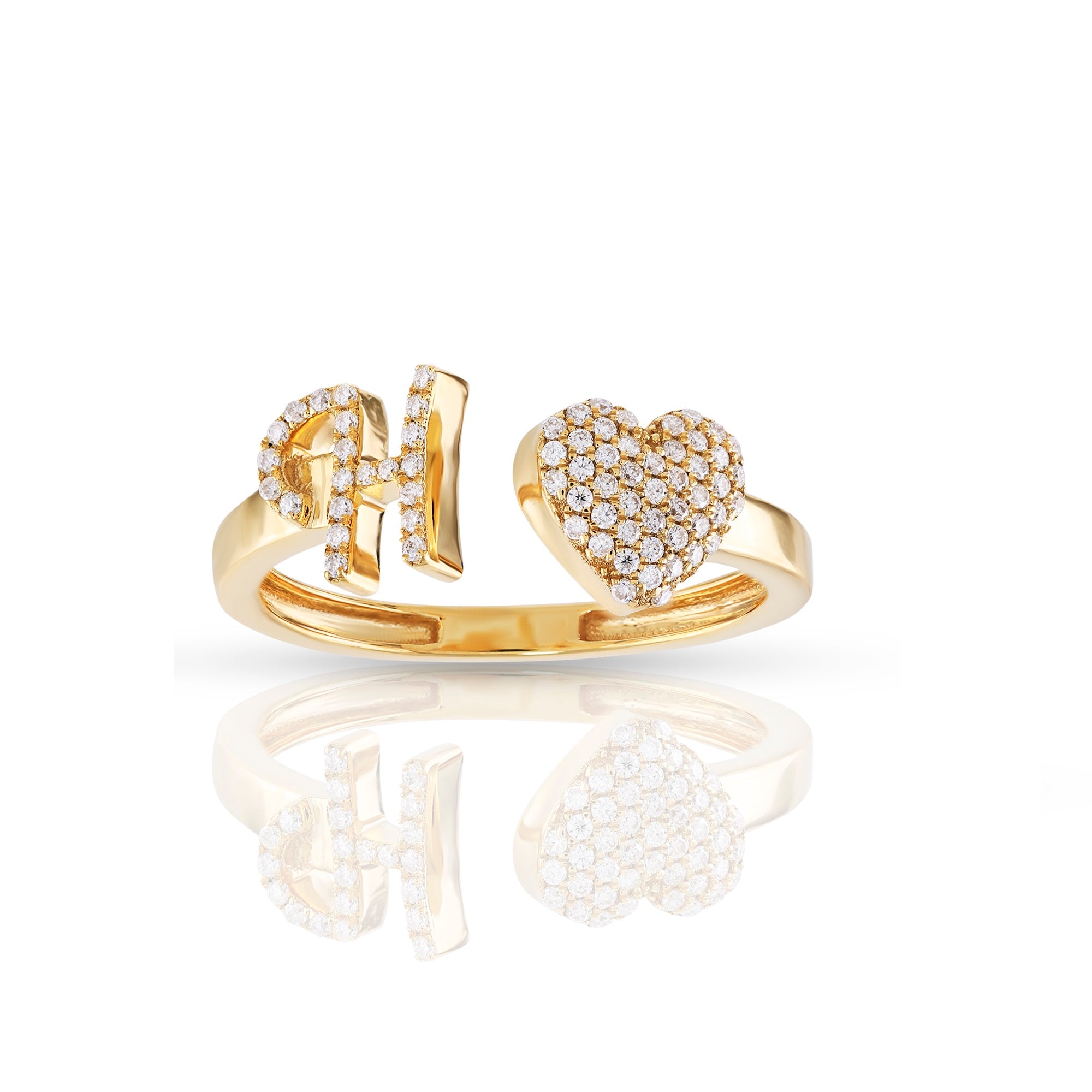 10K Yellow Gold Round Diamond Heart Initial Letter Ring