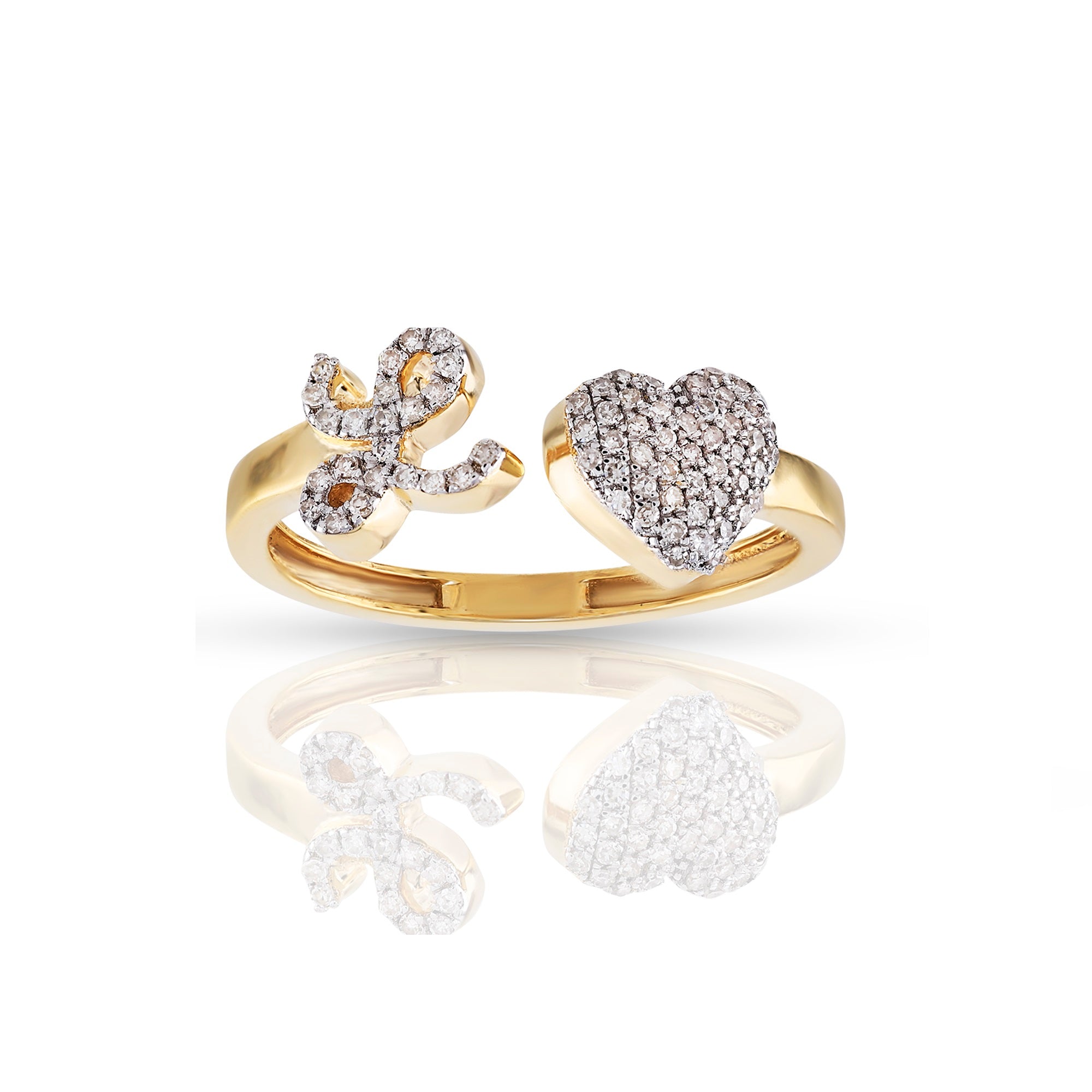 10K Yellow Gold Round Diamond Heart Initial Letter Ring