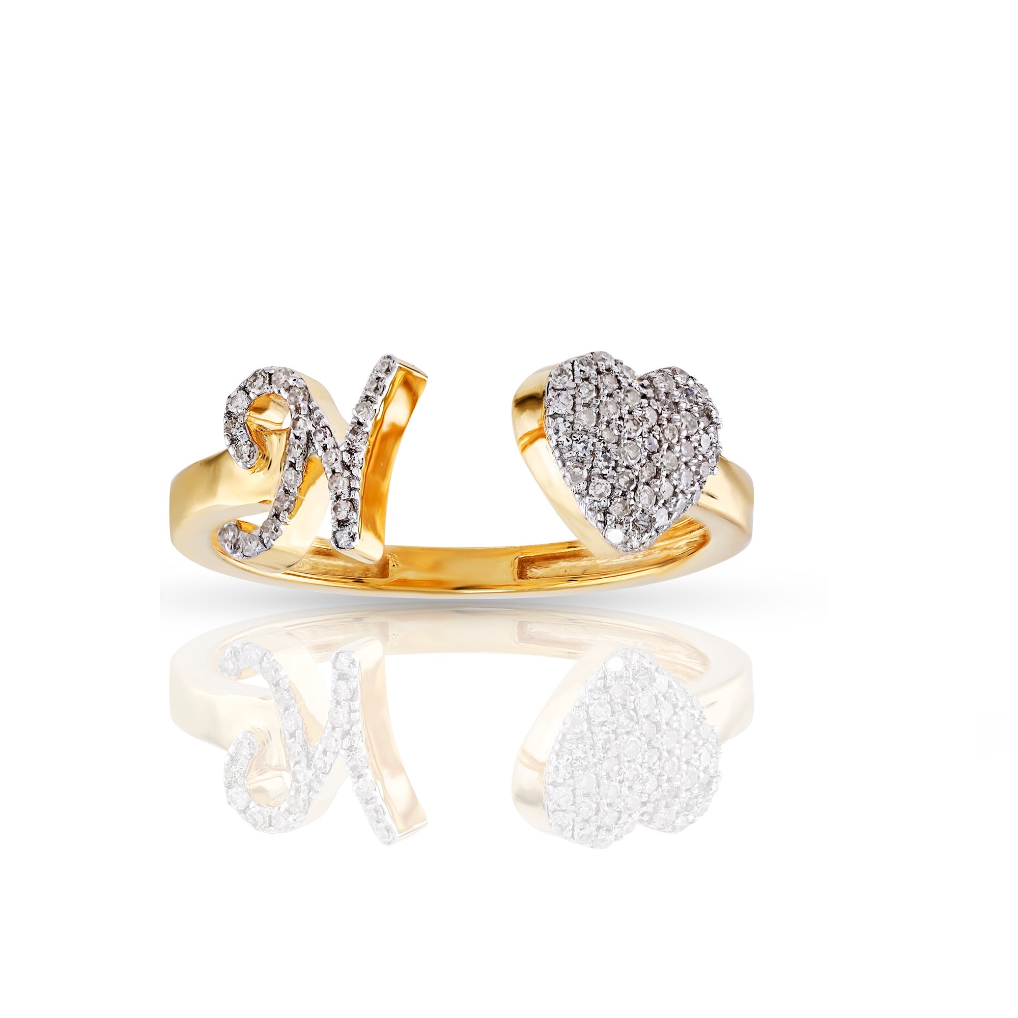 10K Yellow Gold Round Diamond Heart Initial Letter Ring