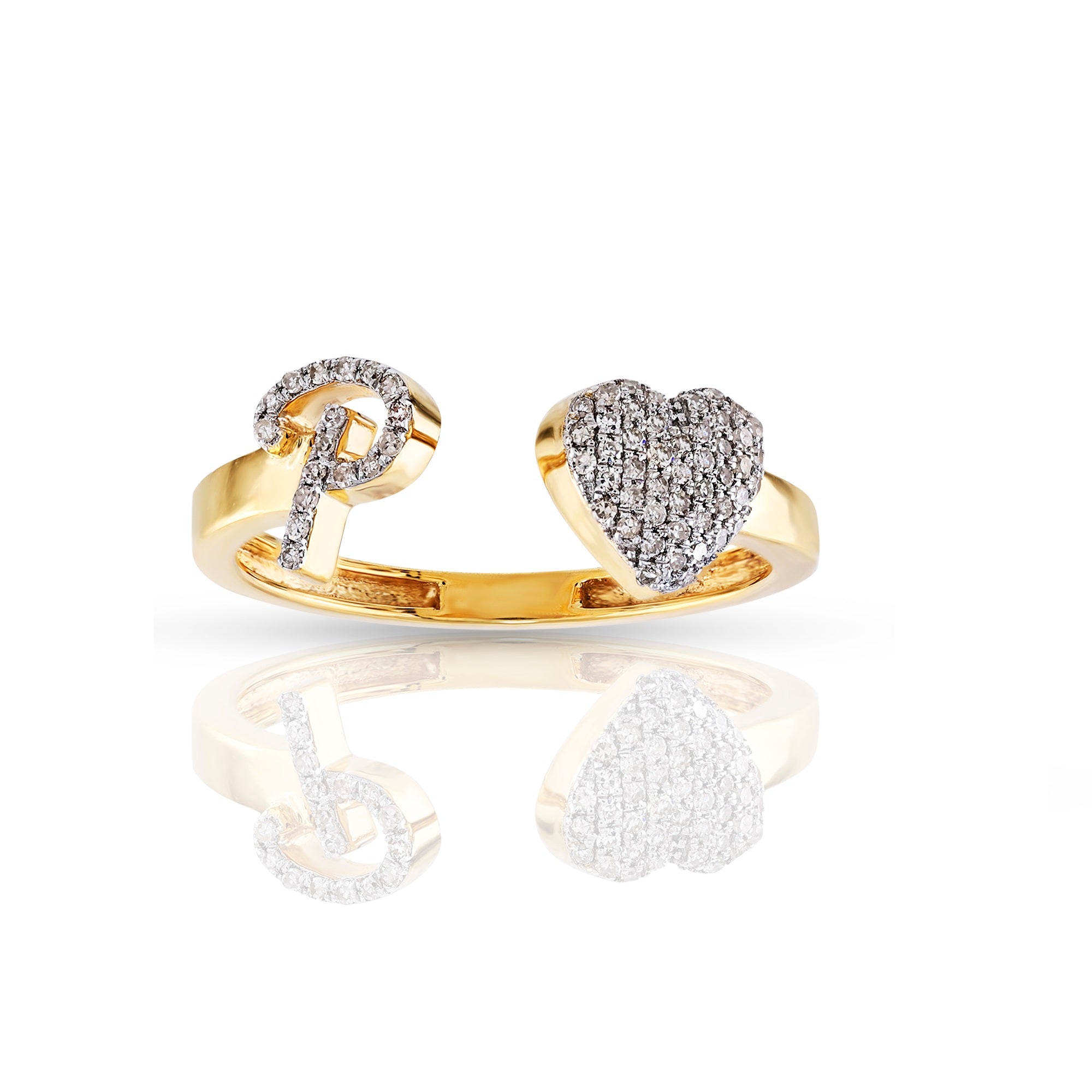 10K Yellow Gold Round Diamond Heart Initial Letter Ring