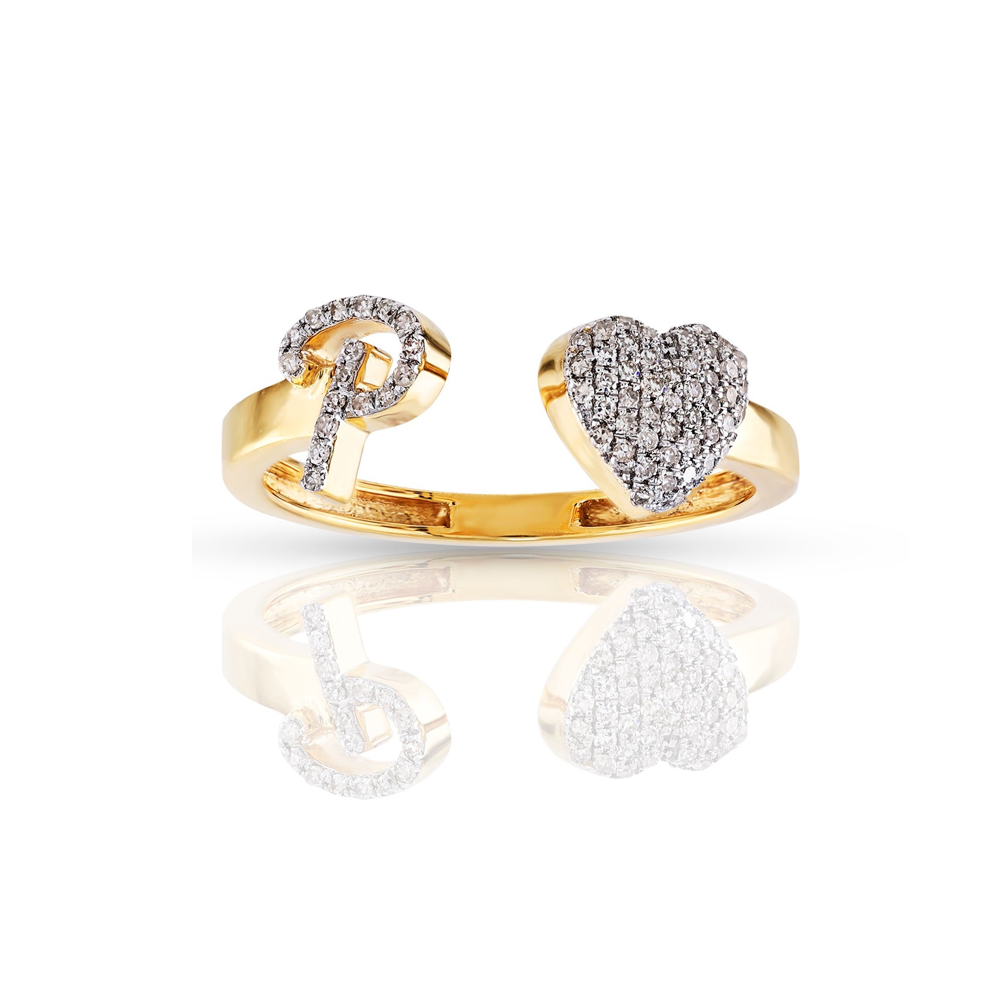 14K Yellow Gold Heart 'A-Z' Initial Letter Rings 7mm