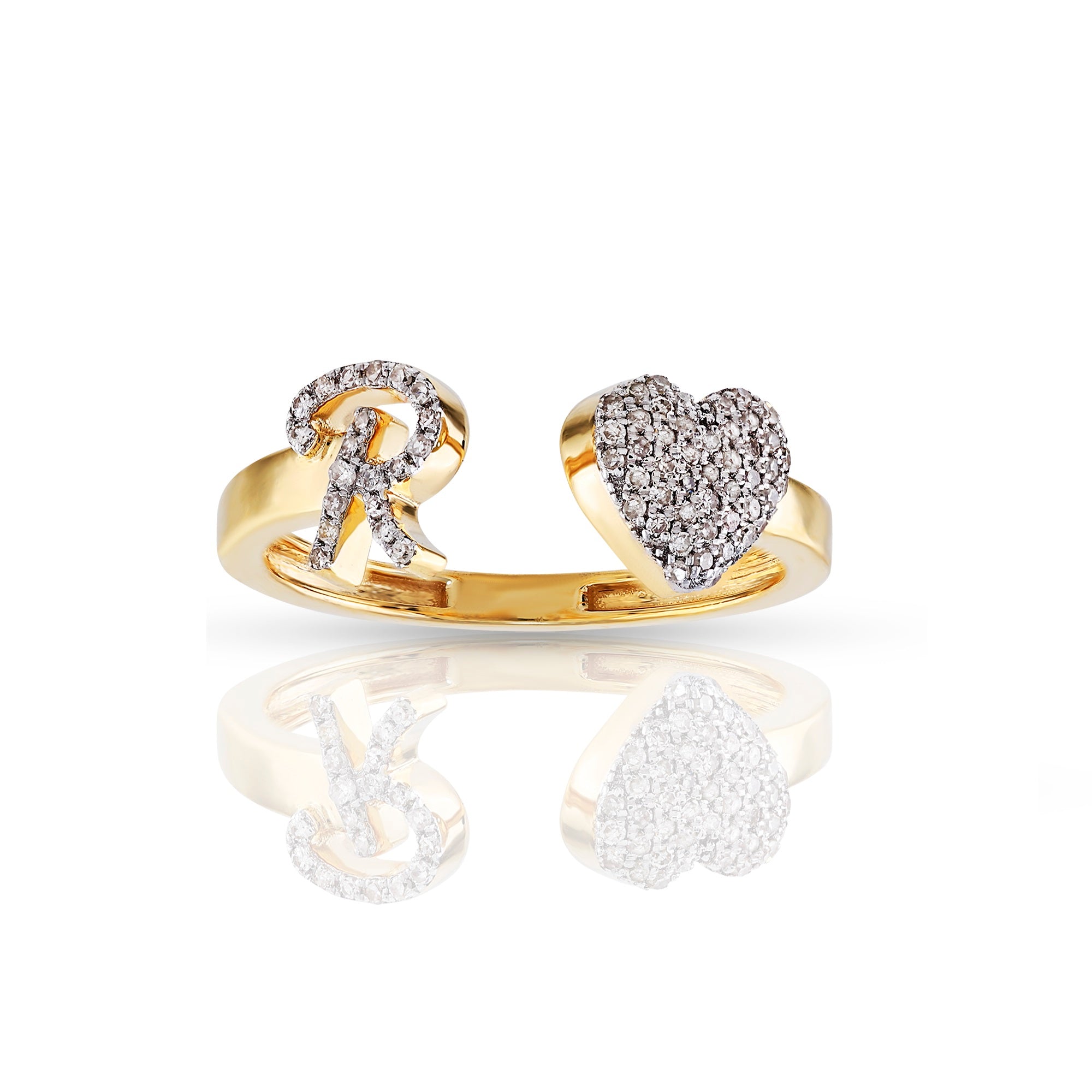 10K Yellow Gold Round Diamond Heart Initial Letter Ring