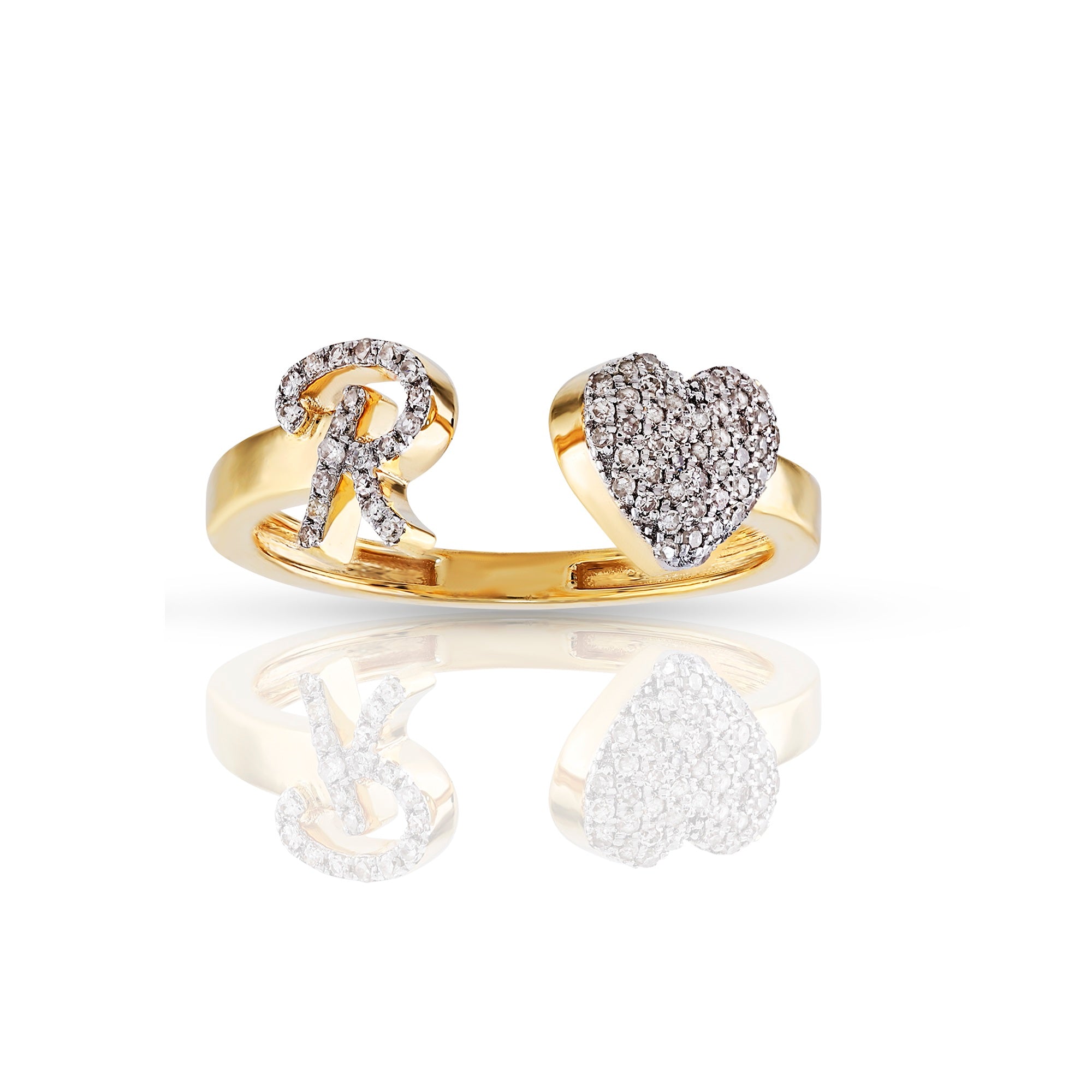 14K Yellow Gold Heart 'A-Z' Initial Letter Rings 7mm