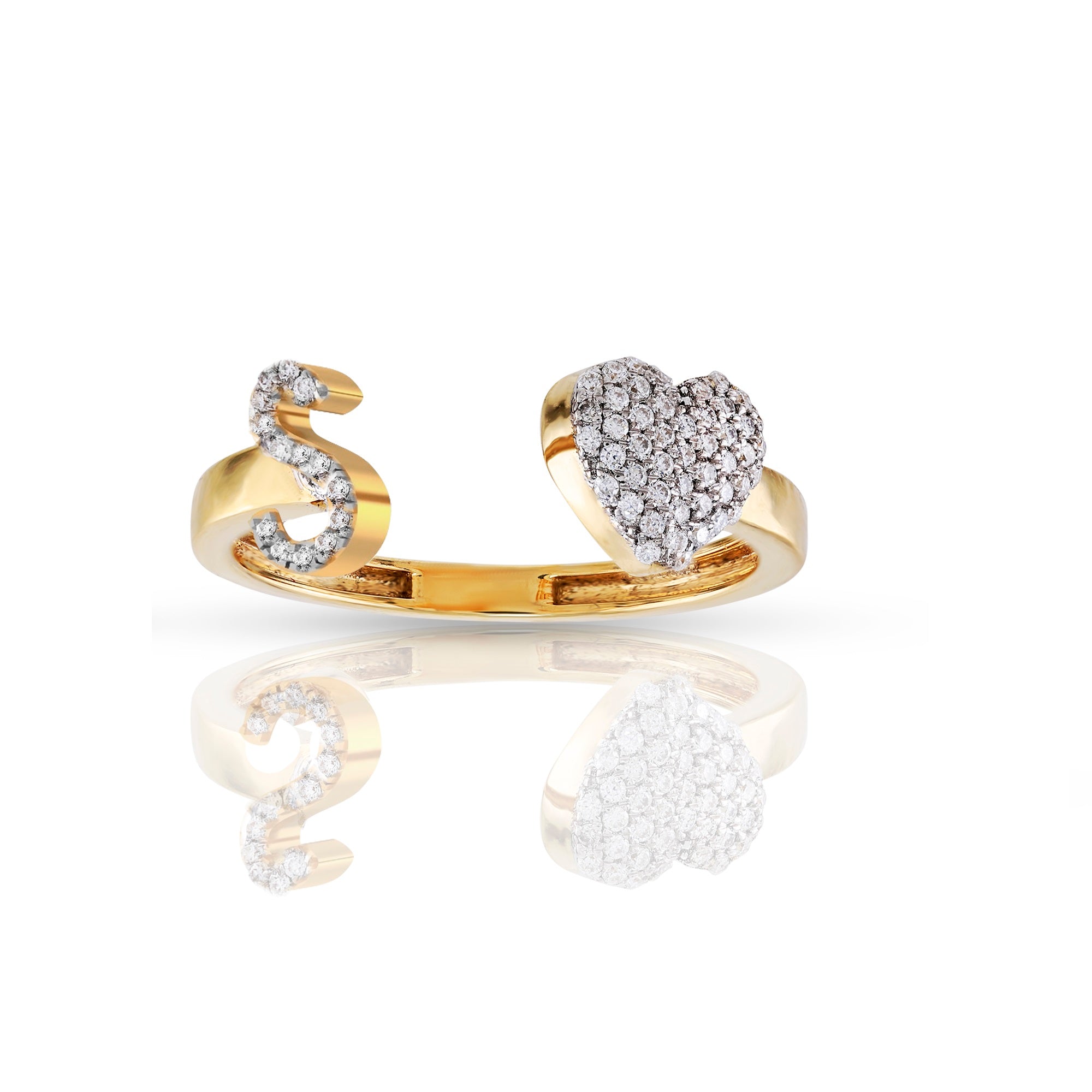 10K Yellow Gold Round Diamond Heart Initial Letter Ring