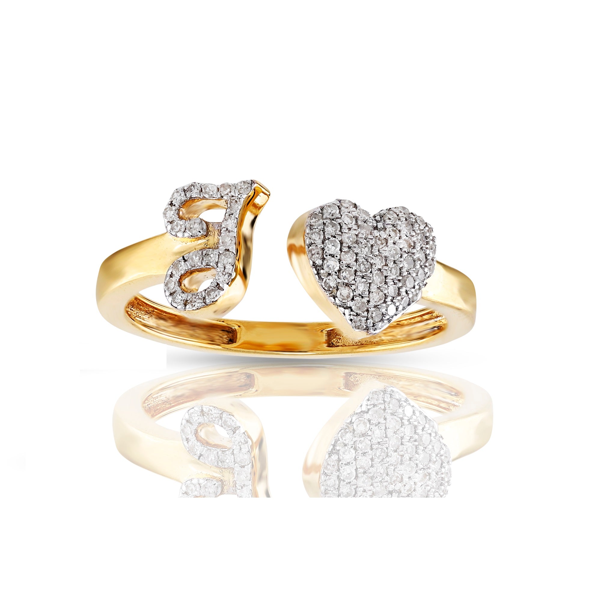 10K Yellow Gold Round Diamond Heart Initial Letter Ring