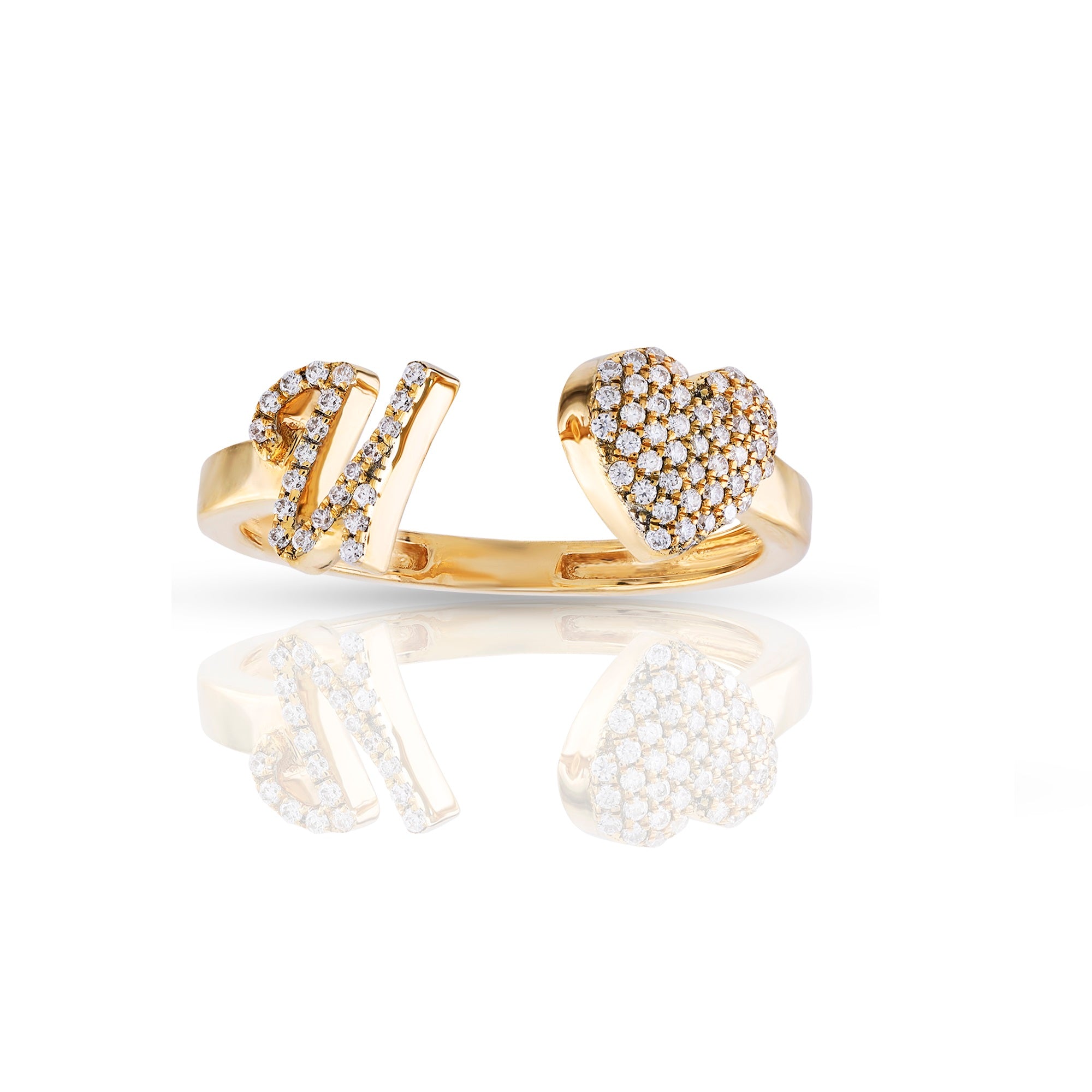 10K Yellow Gold Round Diamond Heart Initial Letter Ring