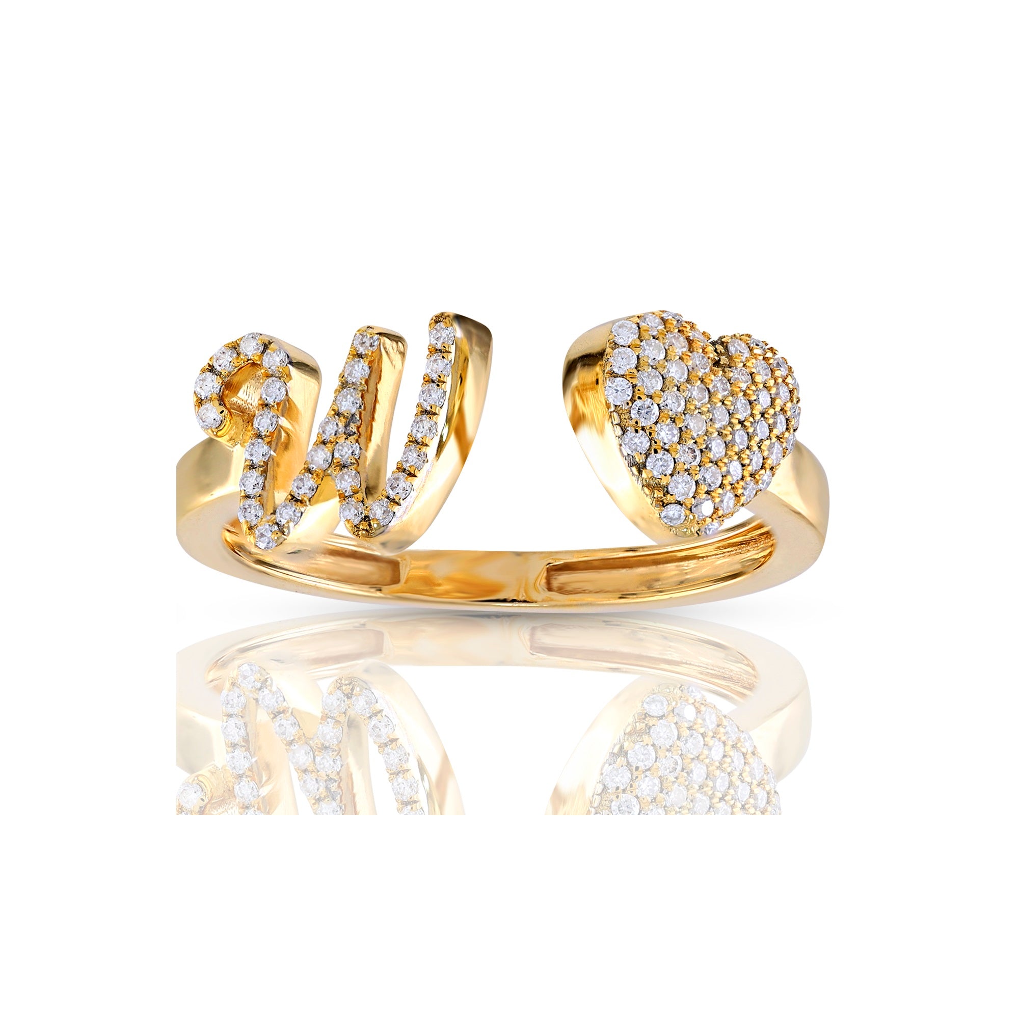 10K Yellow Gold Round Diamond Heart Initial Letter Ring