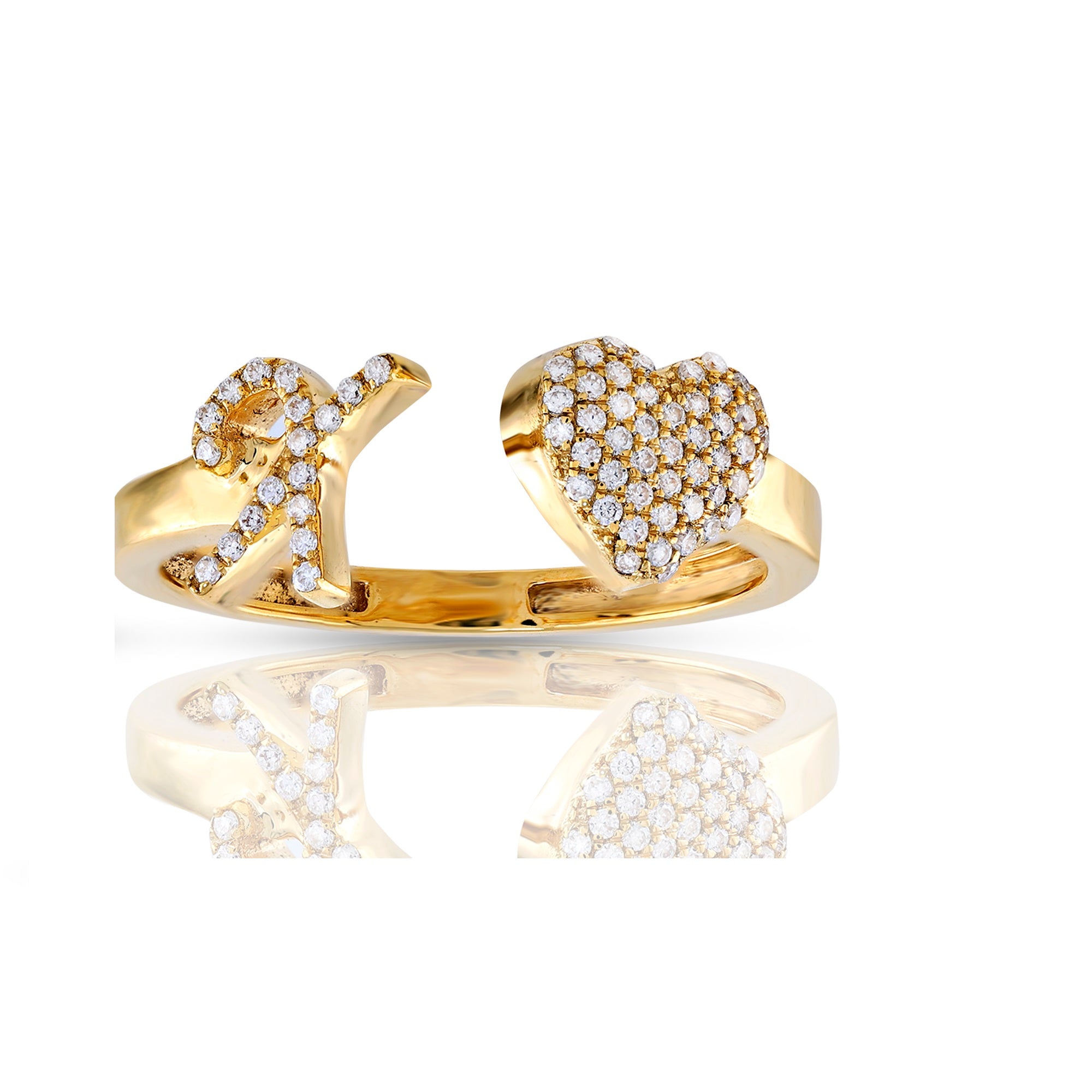 10K Yellow Gold Round Diamond Heart Initial Letter Ring