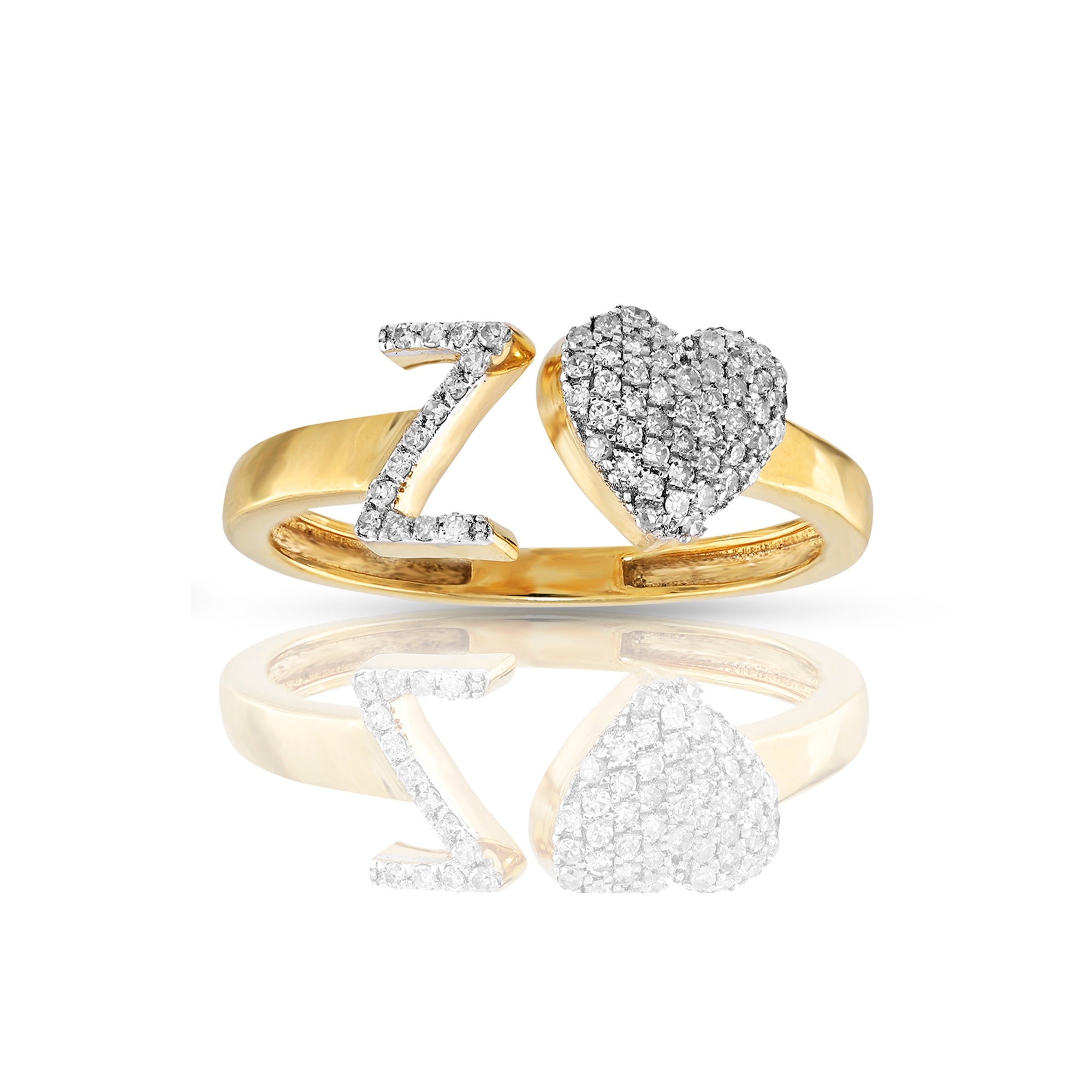 14K Yellow Gold Heart 'A-Z' Initial Letter Rings 7mm