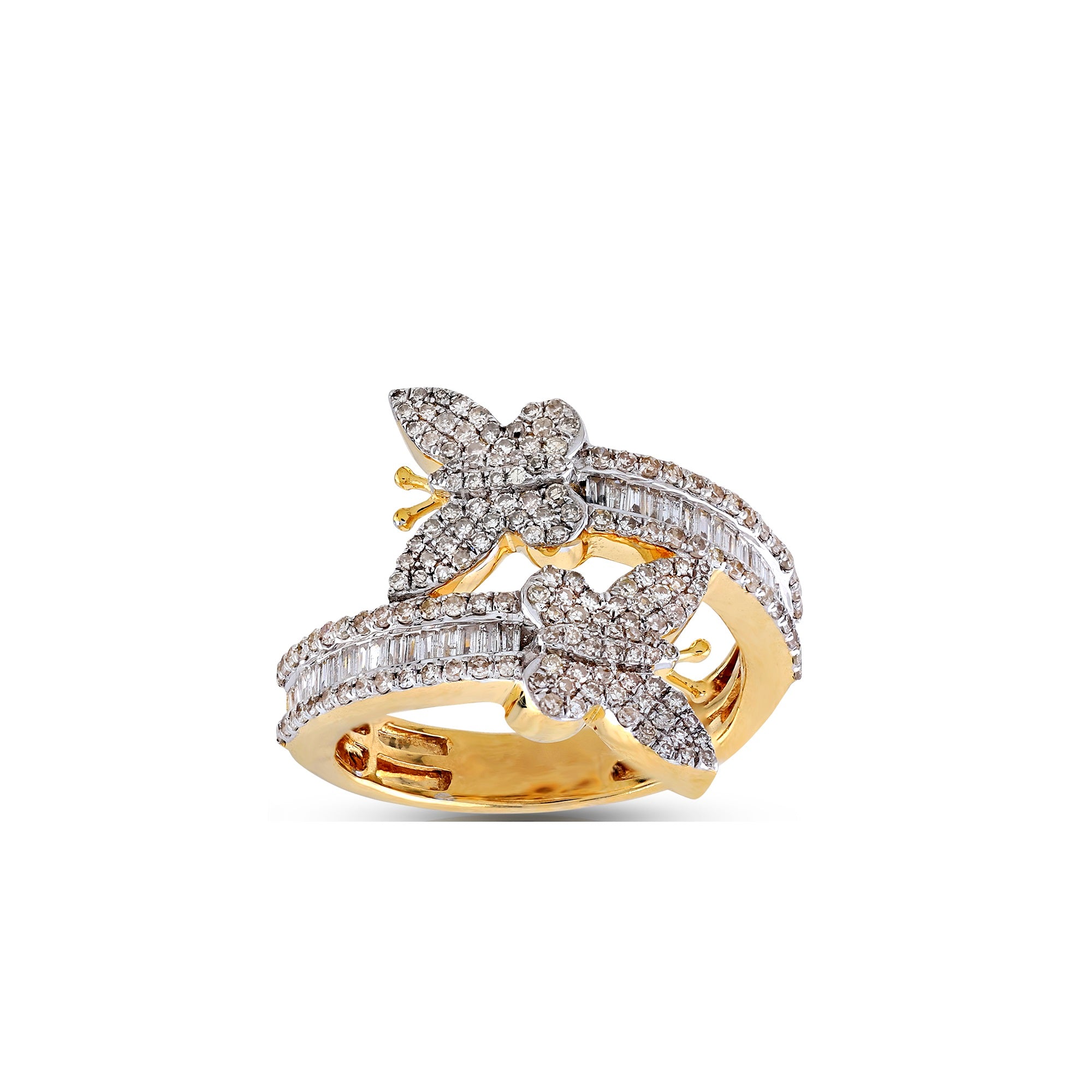 Yellow Gold Round and Bguette Diamond Butterfly Cuff Ring