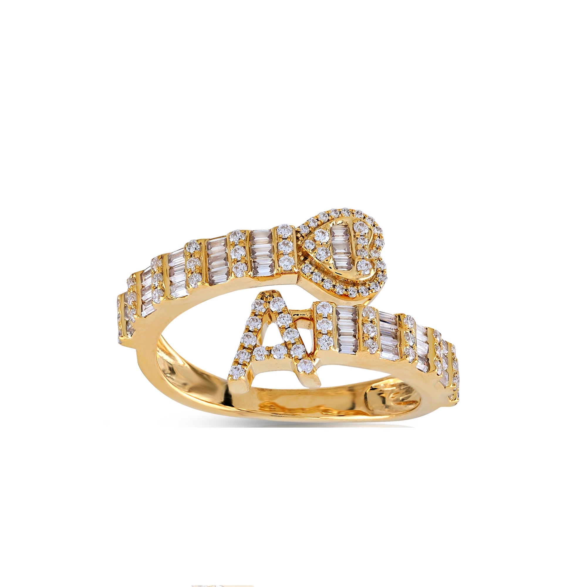 Yellow Gold Baguette and Round Diamond Initial Rings